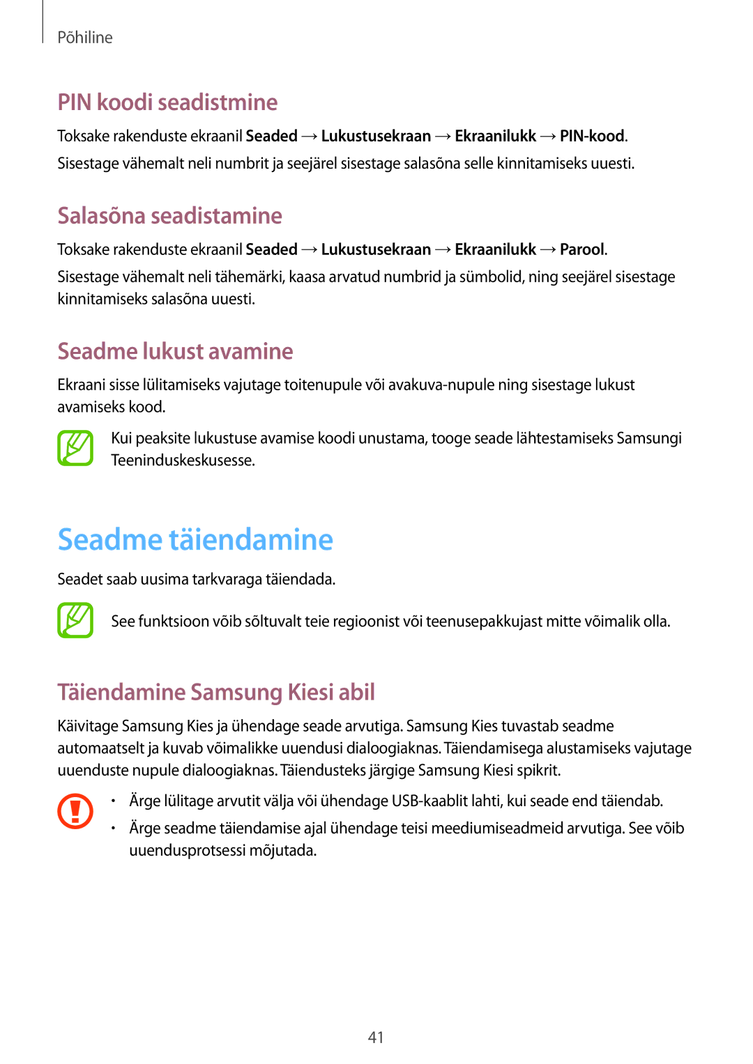 Samsung SM-T3110ZWASEB manual Seadme täiendamine, PIN koodi seadistmine, Salasõna seadistamine, Seadme lukust avamine 