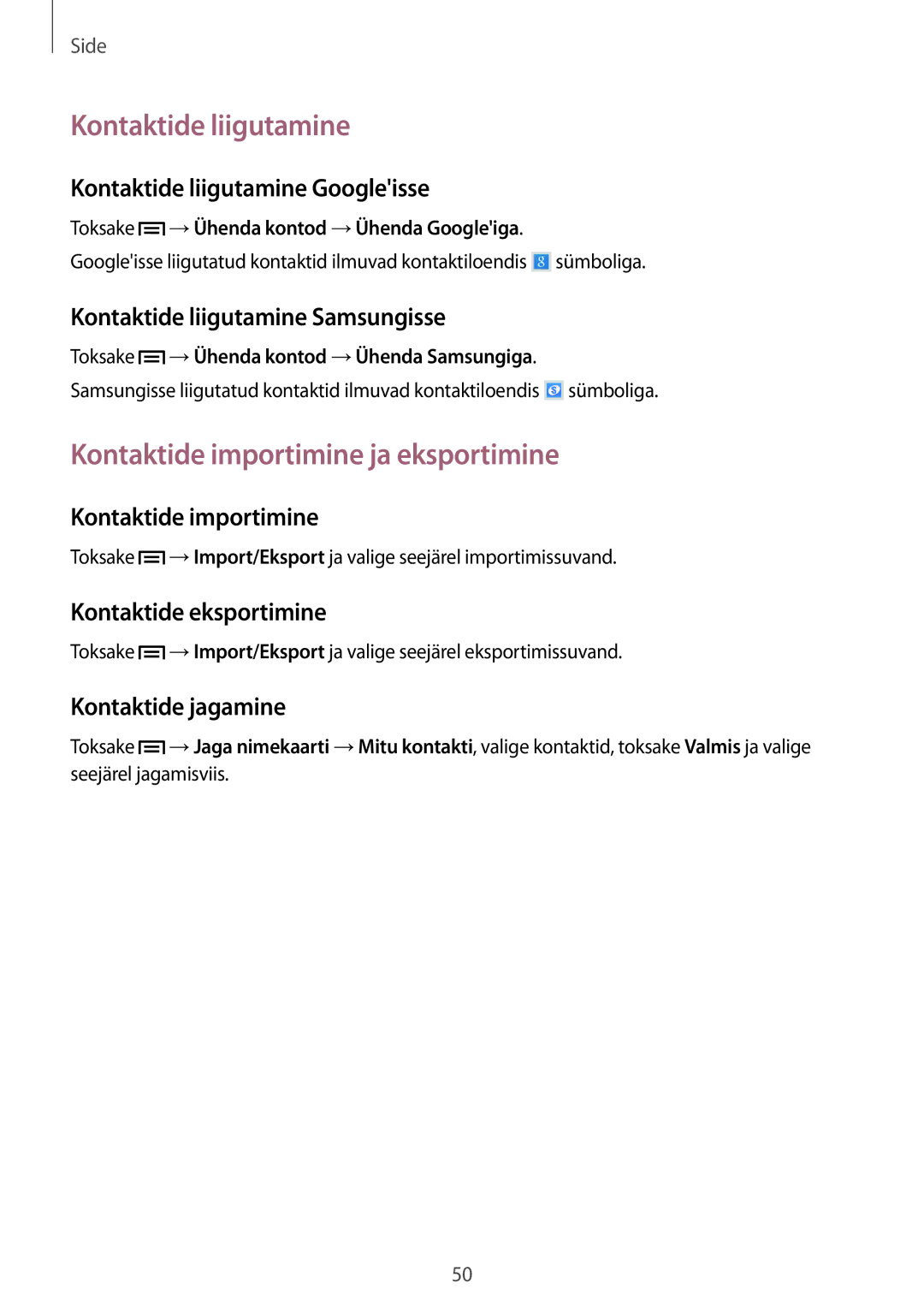 Samsung SM-T3110MKASEB, SM-T3110ZWASEB manual Kontaktide liigutamine, Kontaktide importimine ja eksportimine 