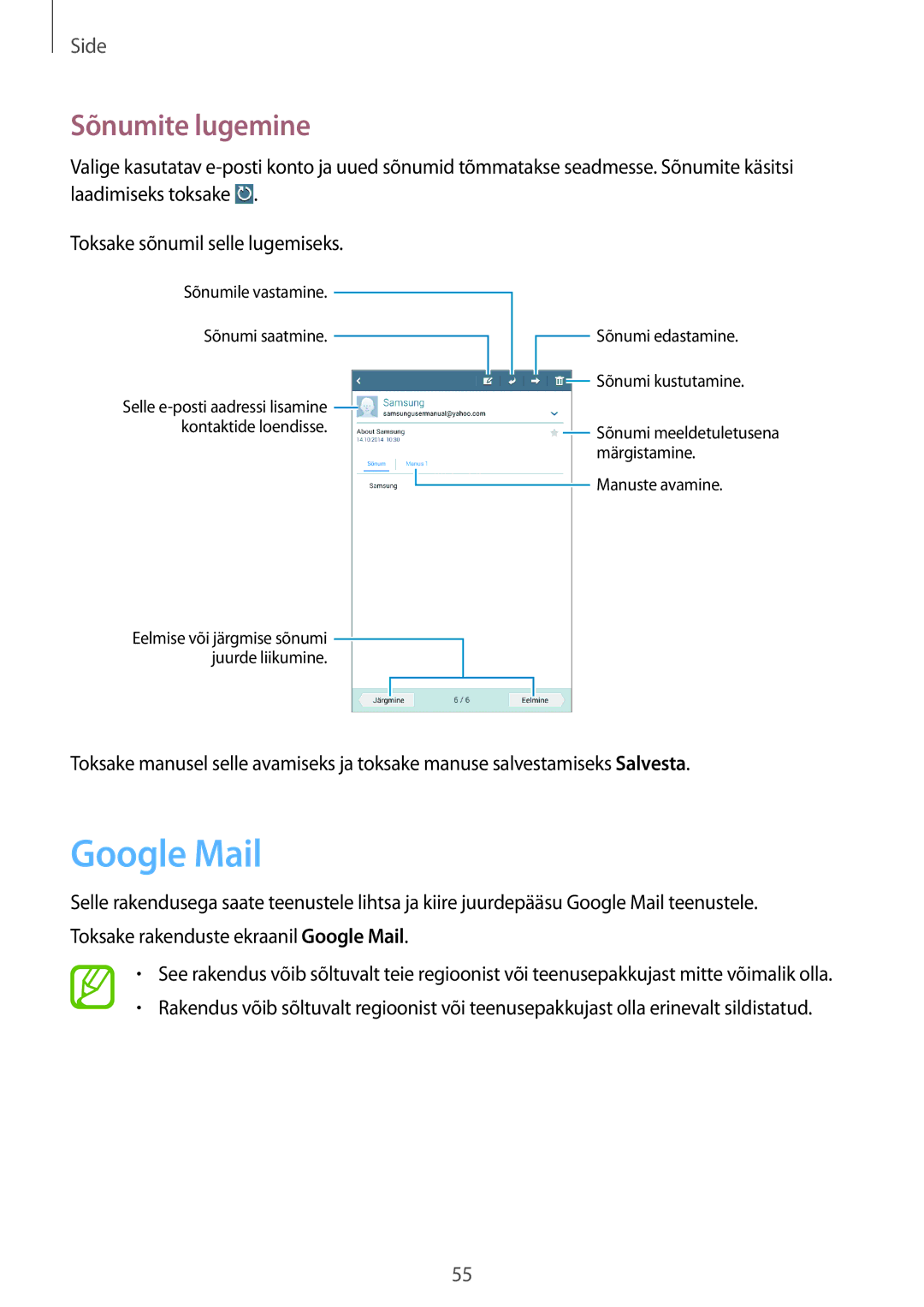 Samsung SM-T3110ZWASEB, SM-T3110MKASEB manual Google Mail, Sõnumite lugemine 