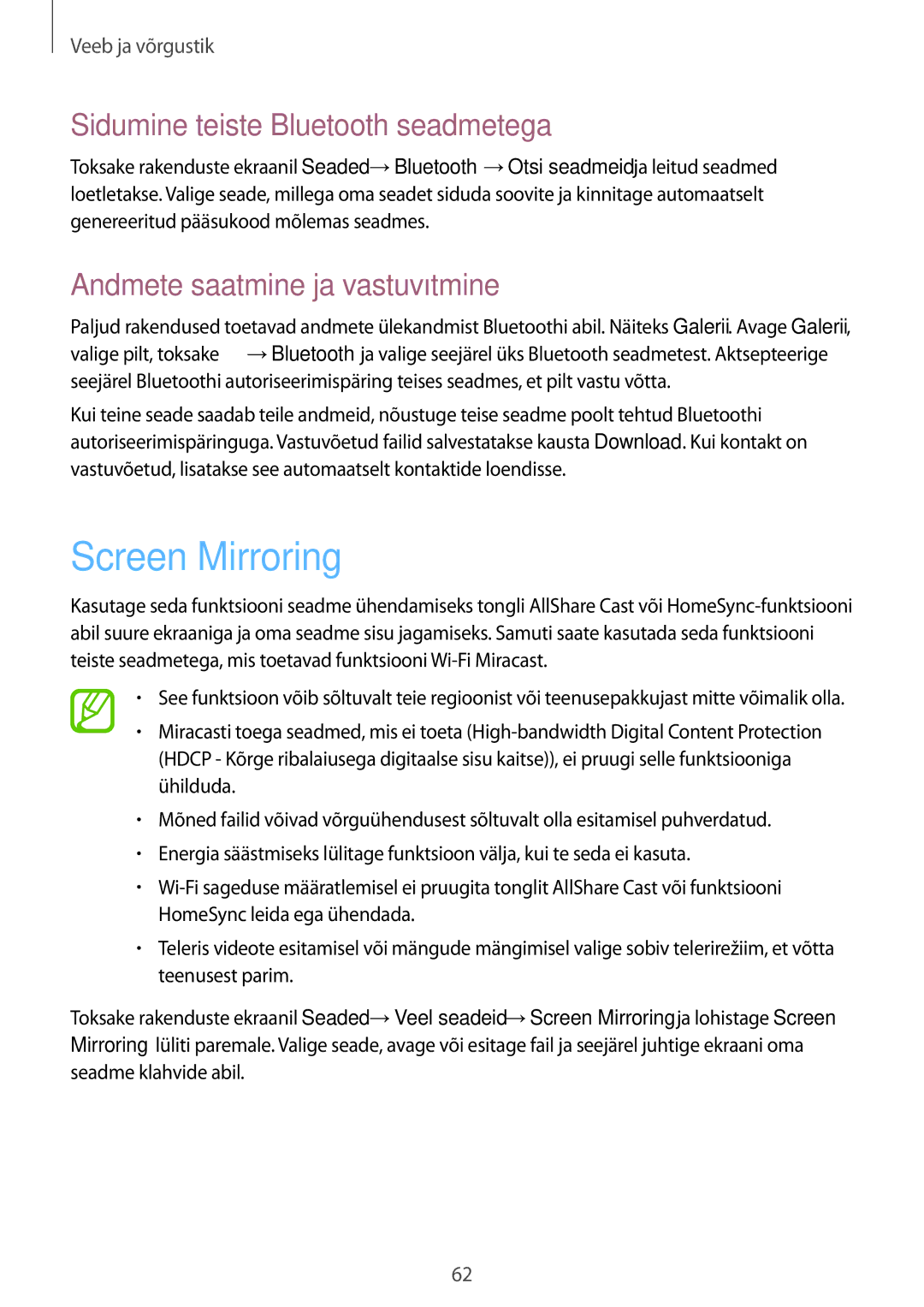 Samsung SM-T3110MKASEB manual Screen Mirroring, Sidumine teiste Bluetooth seadmetega, Andmete saatmine ja vastuvõtmine 