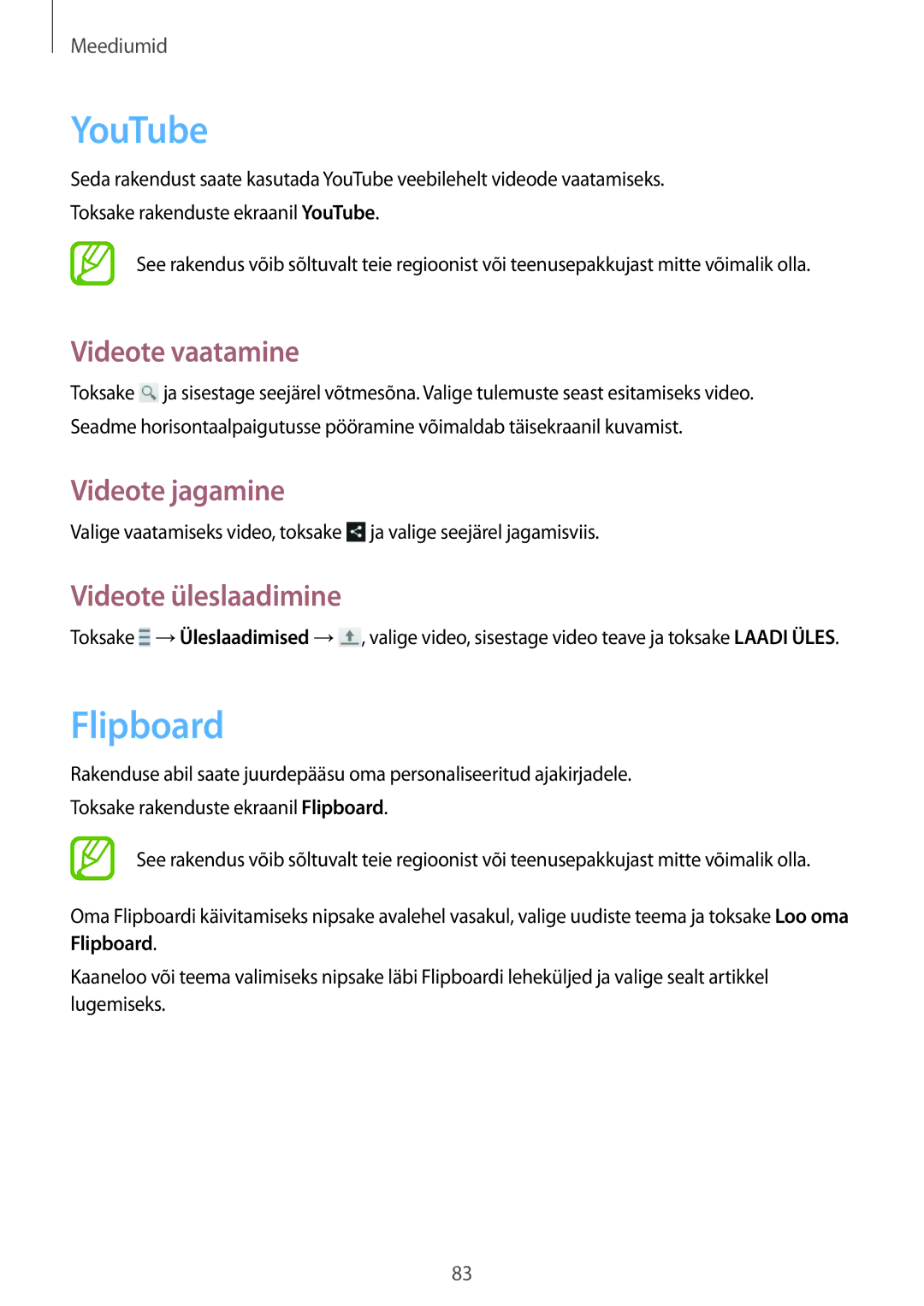 Samsung SM-T3110ZWASEB, SM-T3110MKASEB manual YouTube, Flipboard, Videote vaatamine, Videote üleslaadimine 
