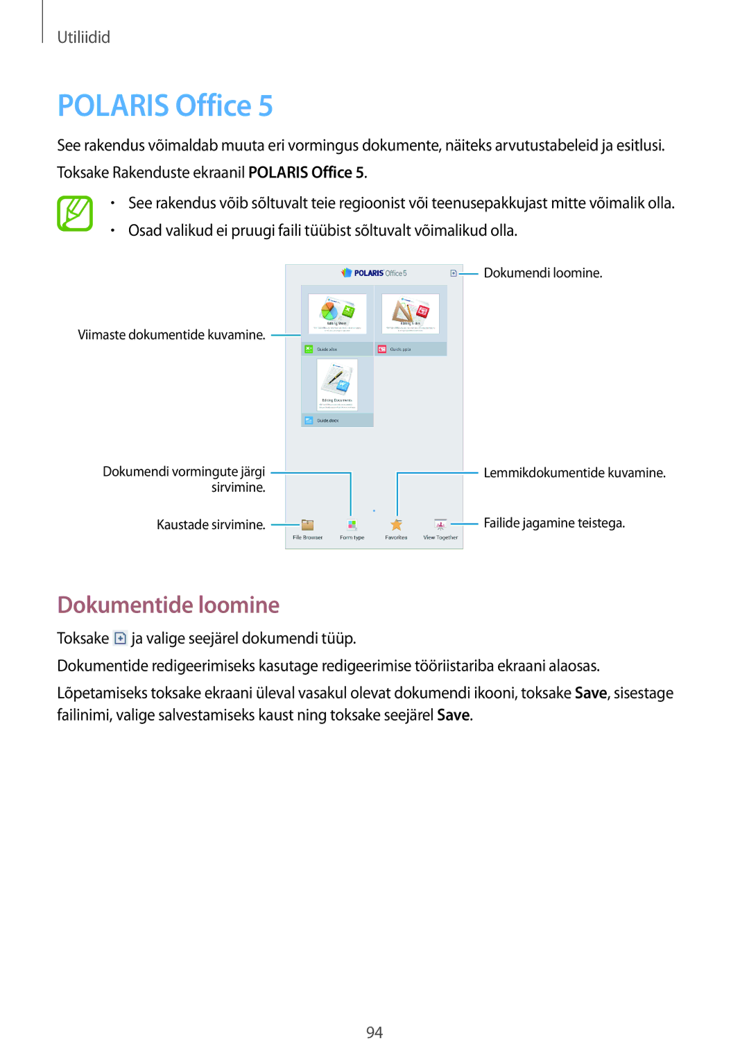 Samsung SM-T3110MKASEB, SM-T3110ZWASEB manual Polaris Office, Dokumentide loomine 