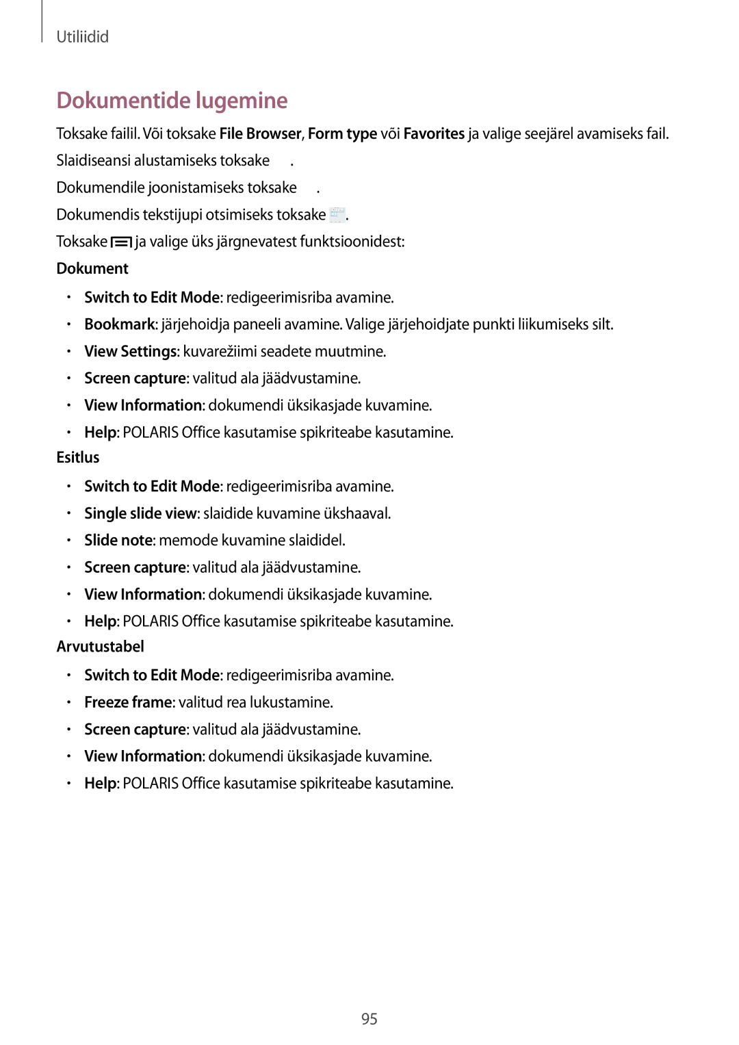 Samsung SM-T3110ZWASEB, SM-T3110MKASEB manual Dokumentide lugemine, Esitlus, Arvutustabel 