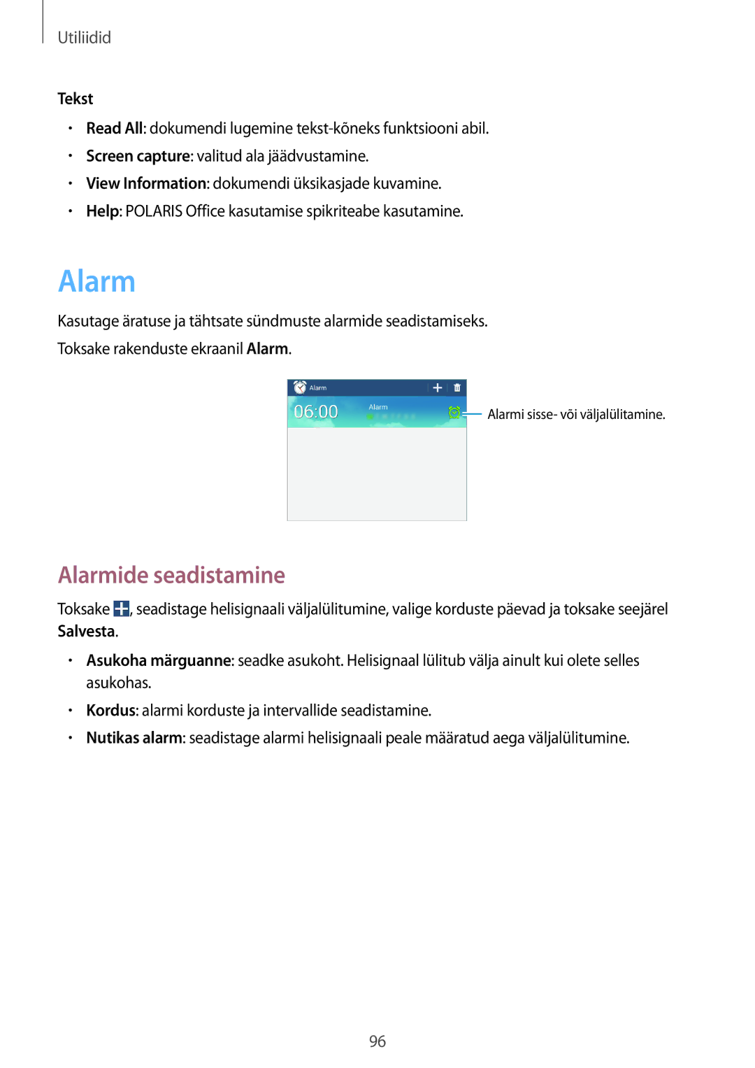 Samsung SM-T3110MKASEB, SM-T3110ZWASEB manual Alarmide seadistamine, Tekst 