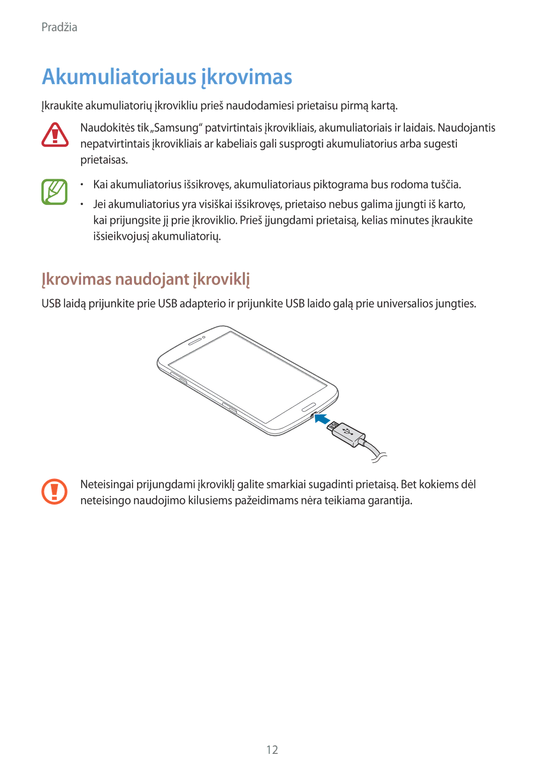 Samsung SM-T3110MKASEB, SM-T3110ZWASEB manual Akumuliatoriaus įkrovimas, Įkrovimas naudojant įkroviklį 