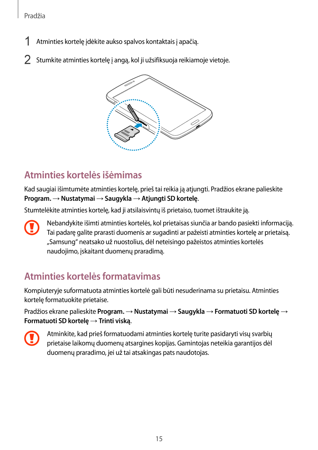 Samsung SM-T3110ZWASEB, SM-T3110MKASEB manual Atminties kortelės išėmimas, Atminties kortelės formatavimas 