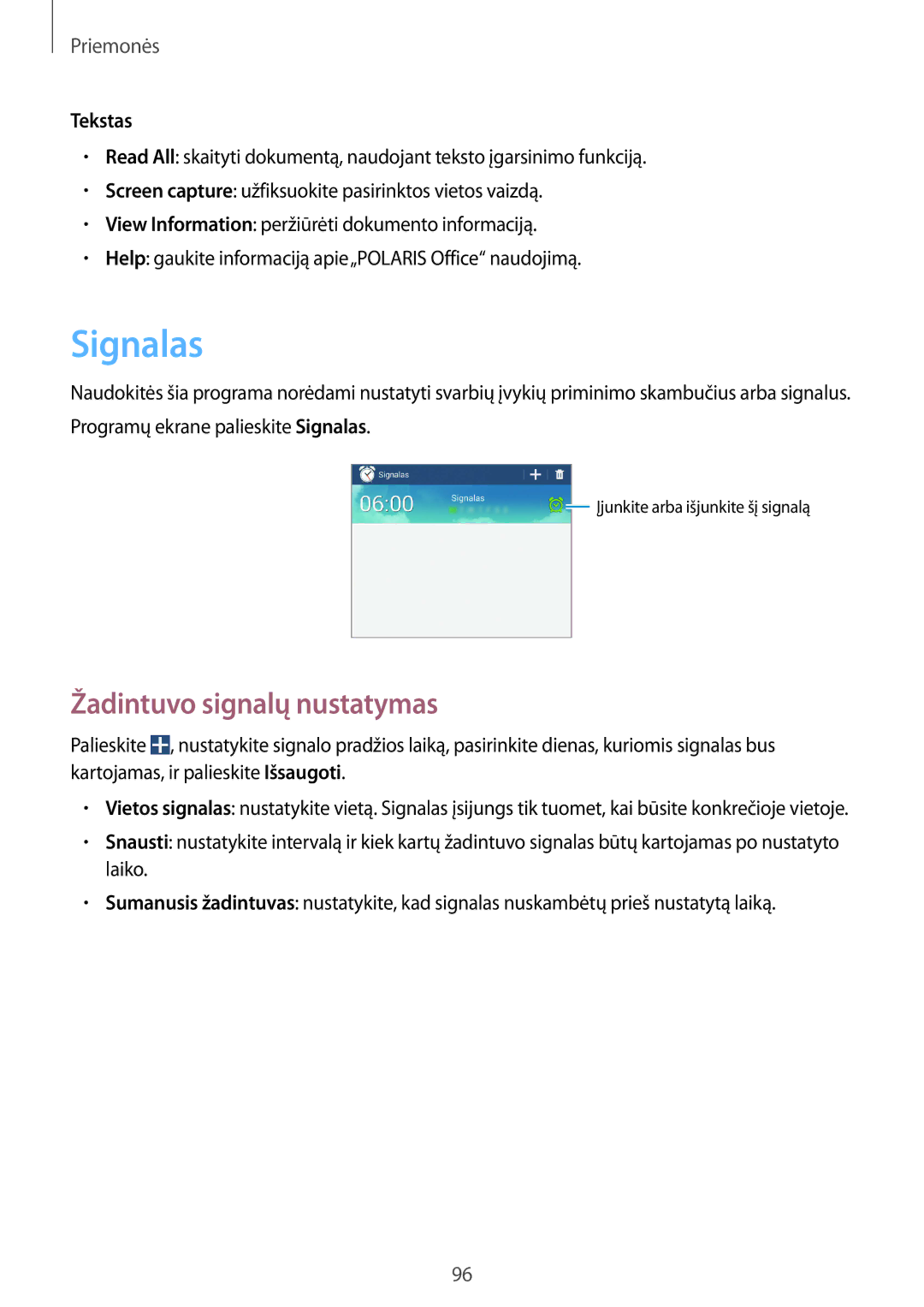 Samsung SM-T3110MKASEB, SM-T3110ZWASEB manual Signalas, Žadintuvo signalų nustatymas, Tekstas 