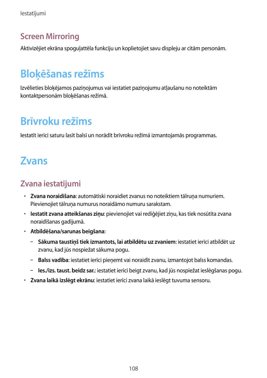 Samsung SM-T3110MKASEB, SM-T3110ZWASEB manual Bloķēšanas režīms, Brīvroku režīms, Zvans, Screen Mirroring, Zvana iestatījumi 