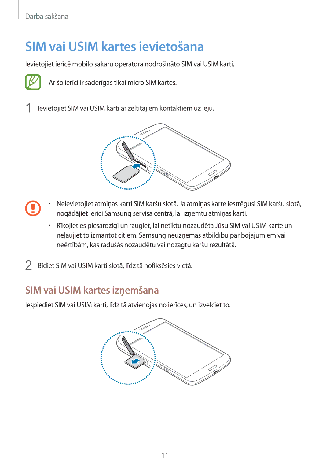 Samsung SM-T3110ZWASEB, SM-T3110MKASEB manual SIM vai Usim kartes ievietošana, SIM vai Usim kartes izņemšana 