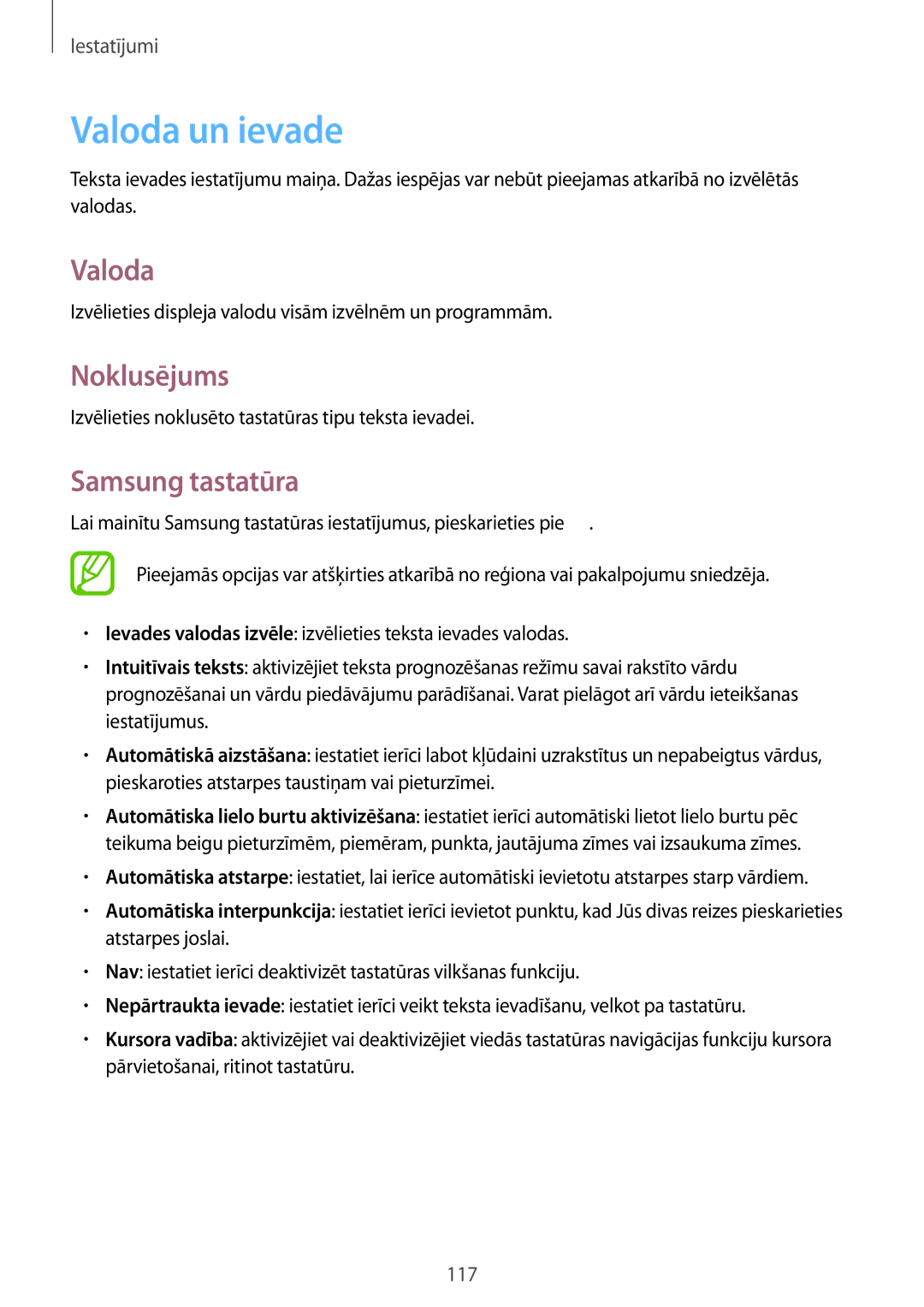 Samsung SM-T3110ZWASEB, SM-T3110MKASEB manual Valoda un ievade, Noklusējums, Samsung tastatūra 