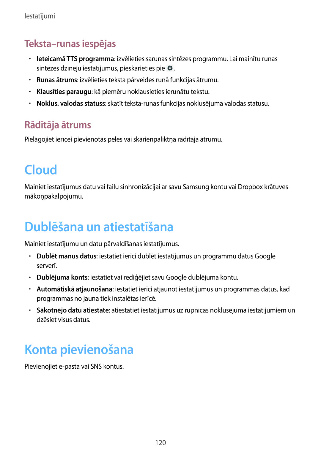 Samsung SM-T3110MKASEB manual Dublēšana un atiestatīšana, Konta pievienošana, Teksta-runas iespējas, Rādītāja ātrums 