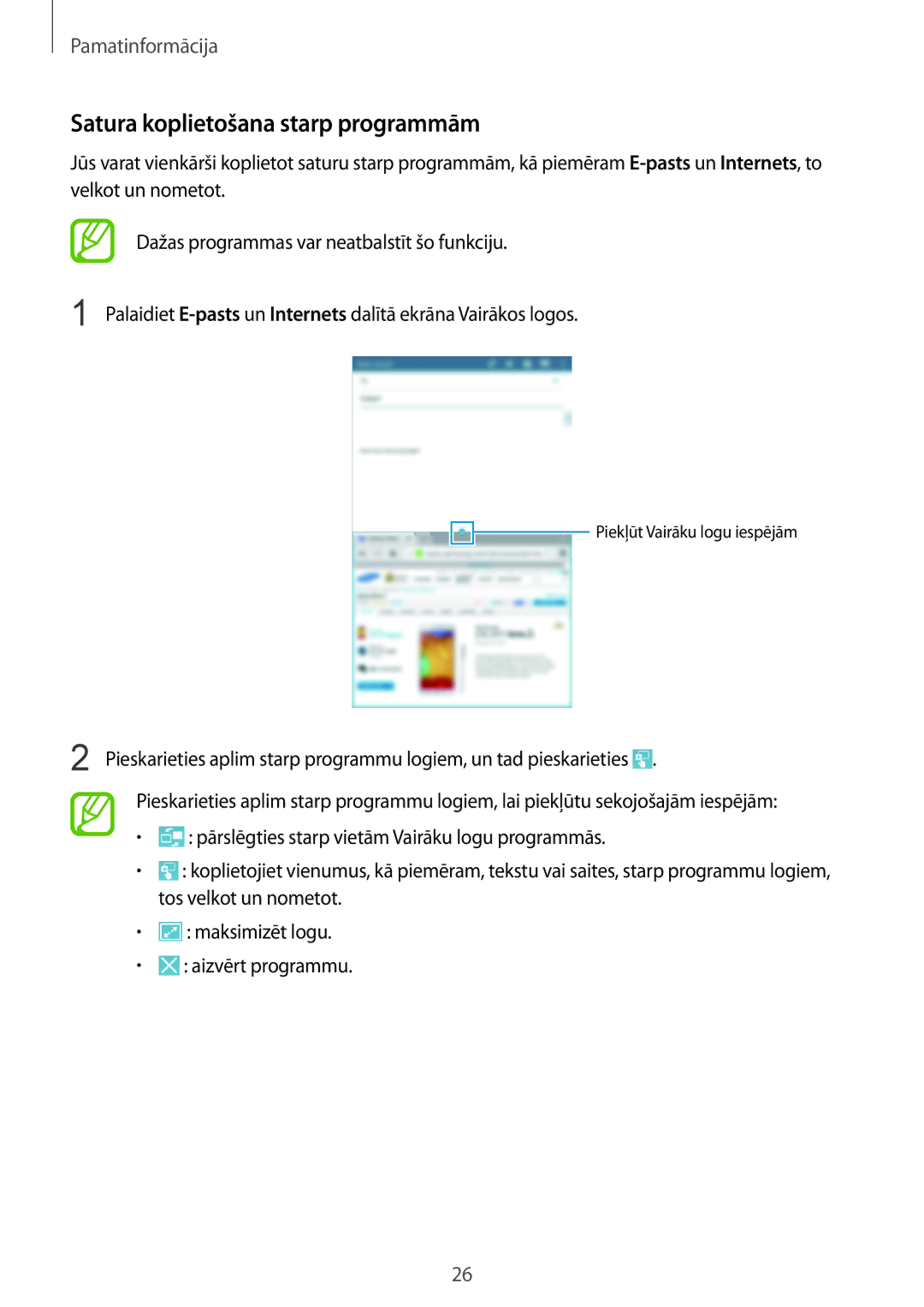 Samsung SM-T3110MKASEB, SM-T3110ZWASEB manual Satura koplietošana starp programmām 