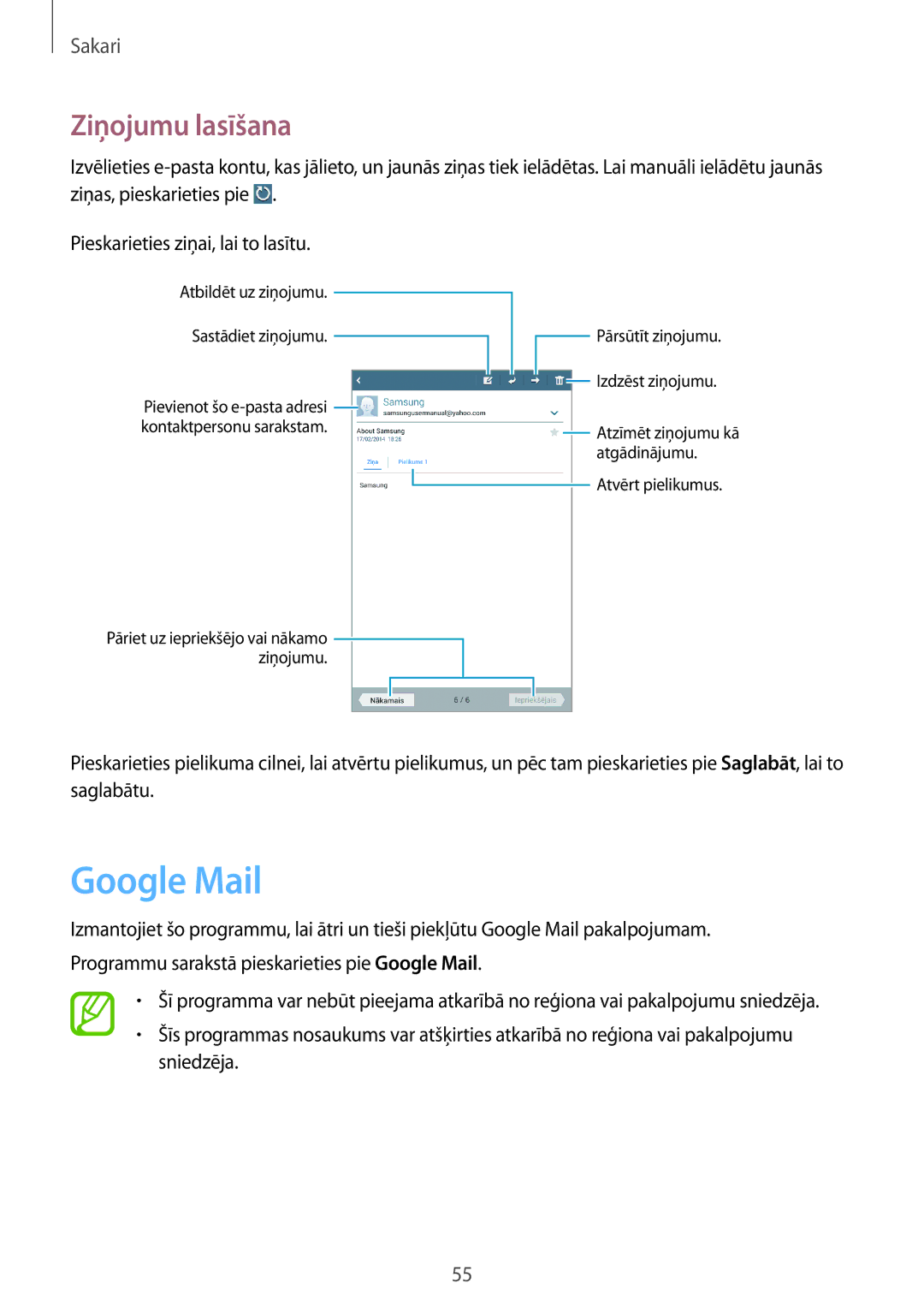Samsung SM-T3110ZWASEB, SM-T3110MKASEB manual Google Mail, Ziņojumu lasīšana 