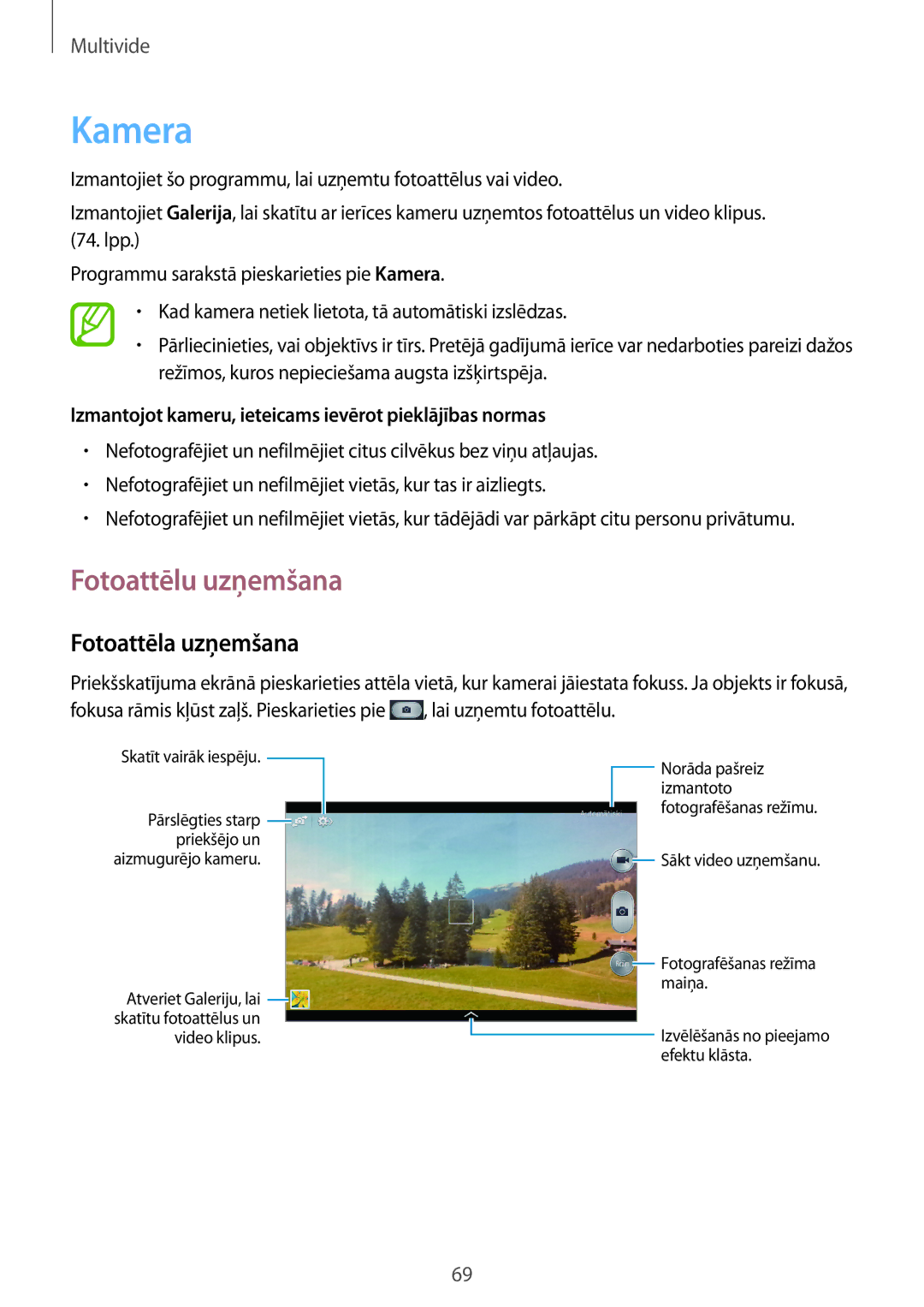Samsung SM-T3110ZWASEB, SM-T3110MKASEB manual Kamera, Fotoattēlu uzņemšana, Fotoattēla uzņemšana 