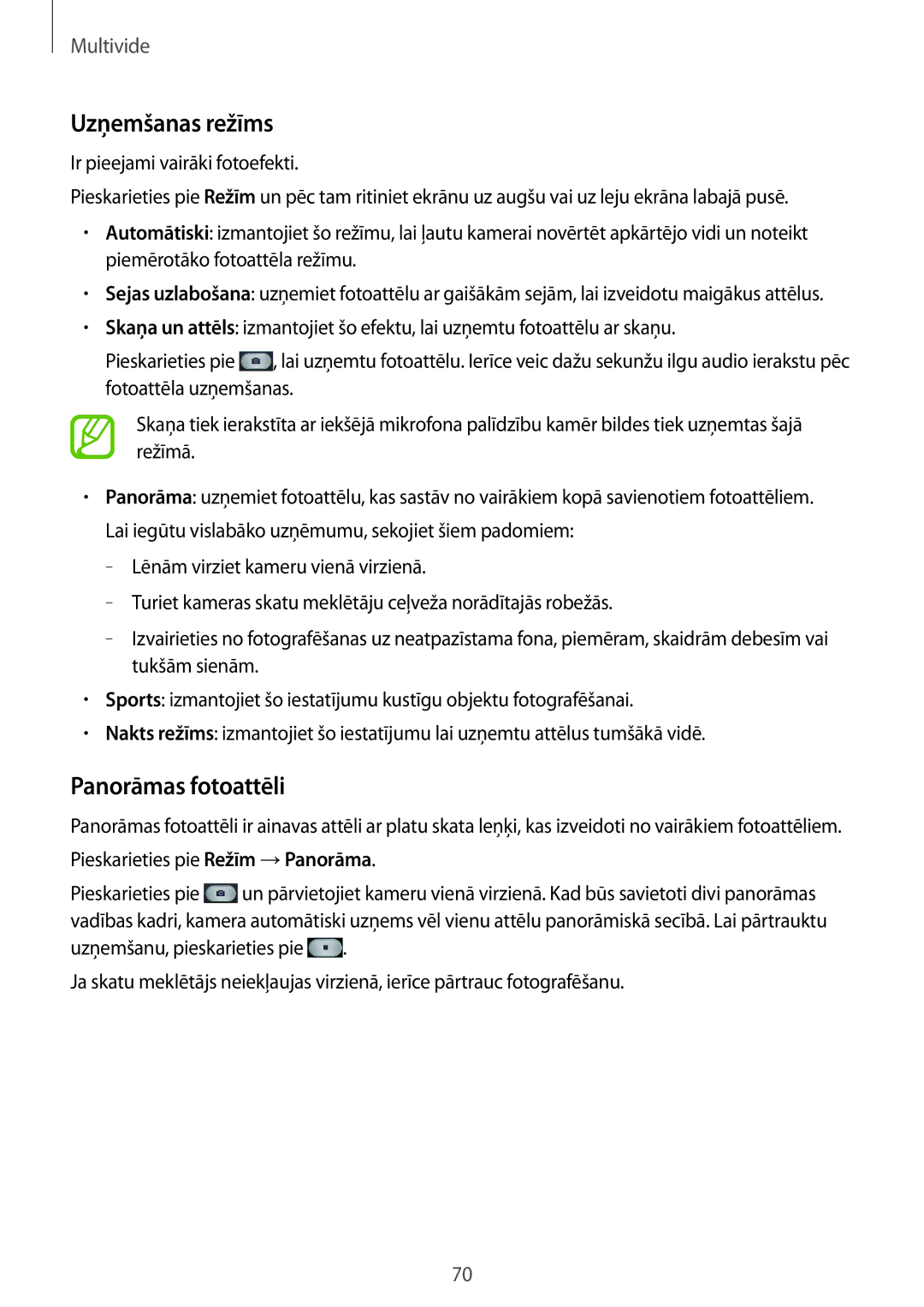 Samsung SM-T3110MKASEB, SM-T3110ZWASEB manual Uzņemšanas režīms, Panorāmas fotoattēli 