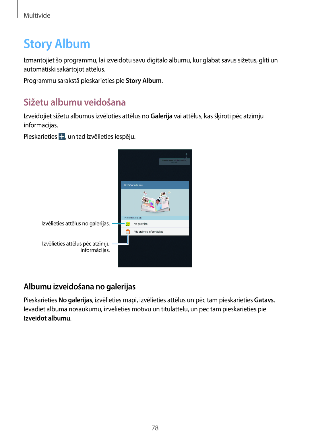 Samsung SM-T3110MKASEB, SM-T3110ZWASEB manual Story Album, Sižetu albumu veidošana, Albumu izveidošana no galerijas 