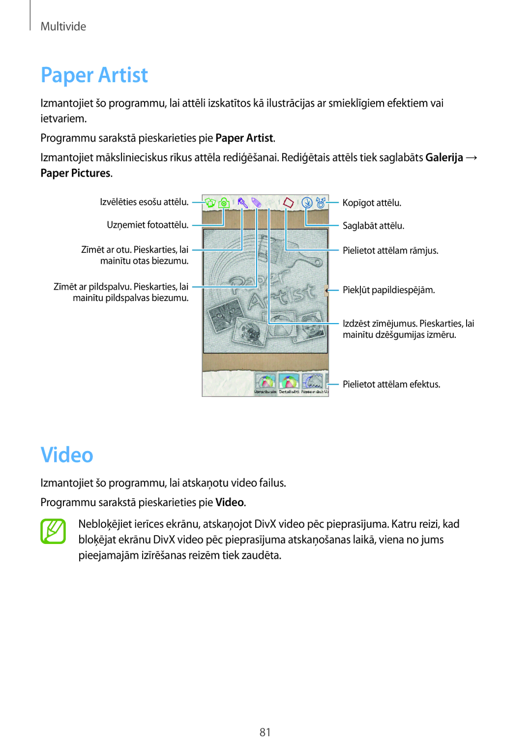 Samsung SM-T3110ZWASEB, SM-T3110MKASEB manual Paper Artist, Video, Paper Pictures 