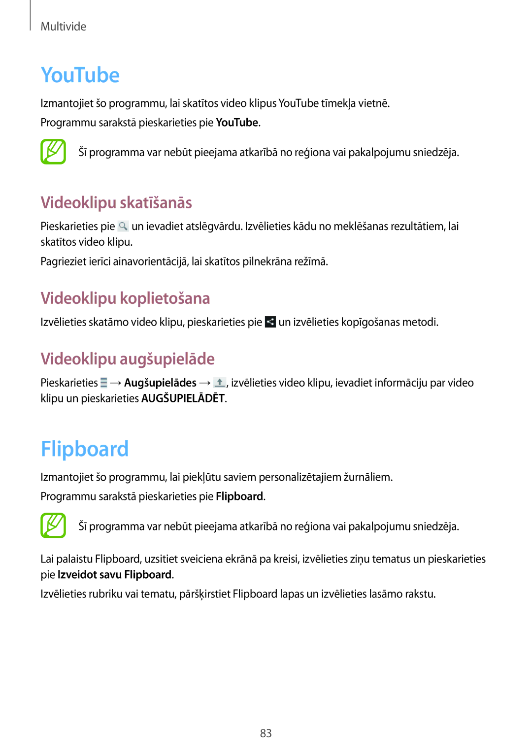 Samsung SM-T3110ZWASEB, SM-T3110MKASEB manual YouTube, Flipboard, Videoklipu skatīšanās, Videoklipu augšupielāde 