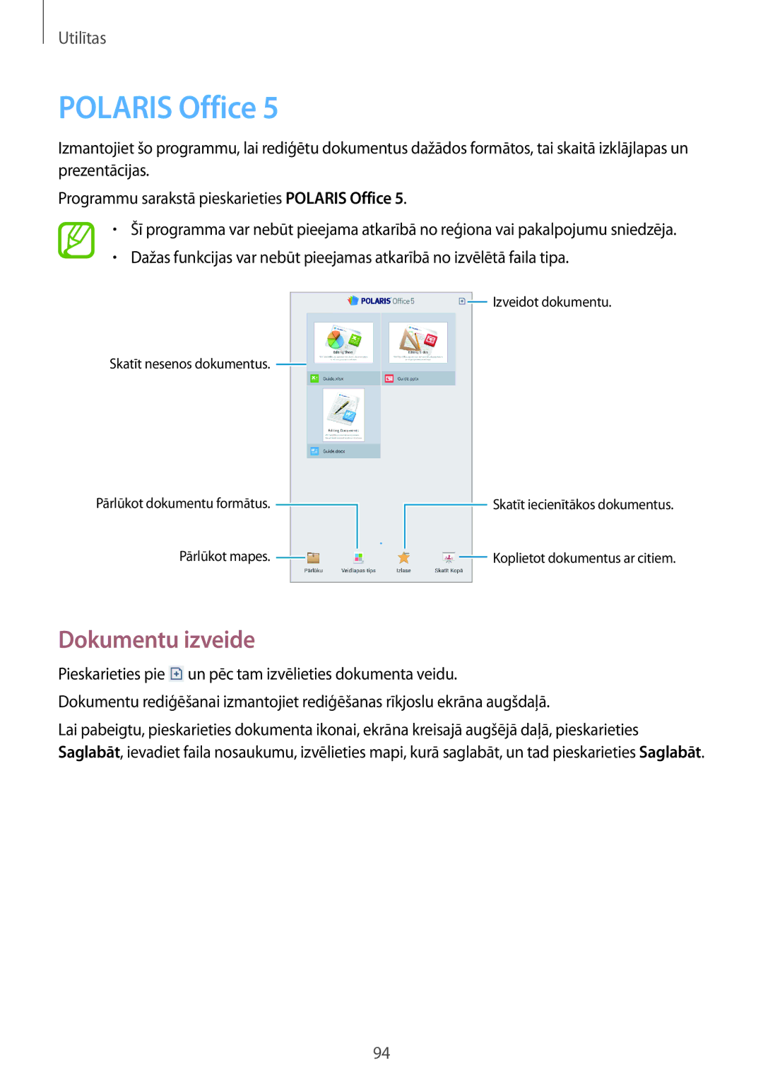 Samsung SM-T3110MKASEB, SM-T3110ZWASEB manual Polaris Office, Dokumentu izveide 