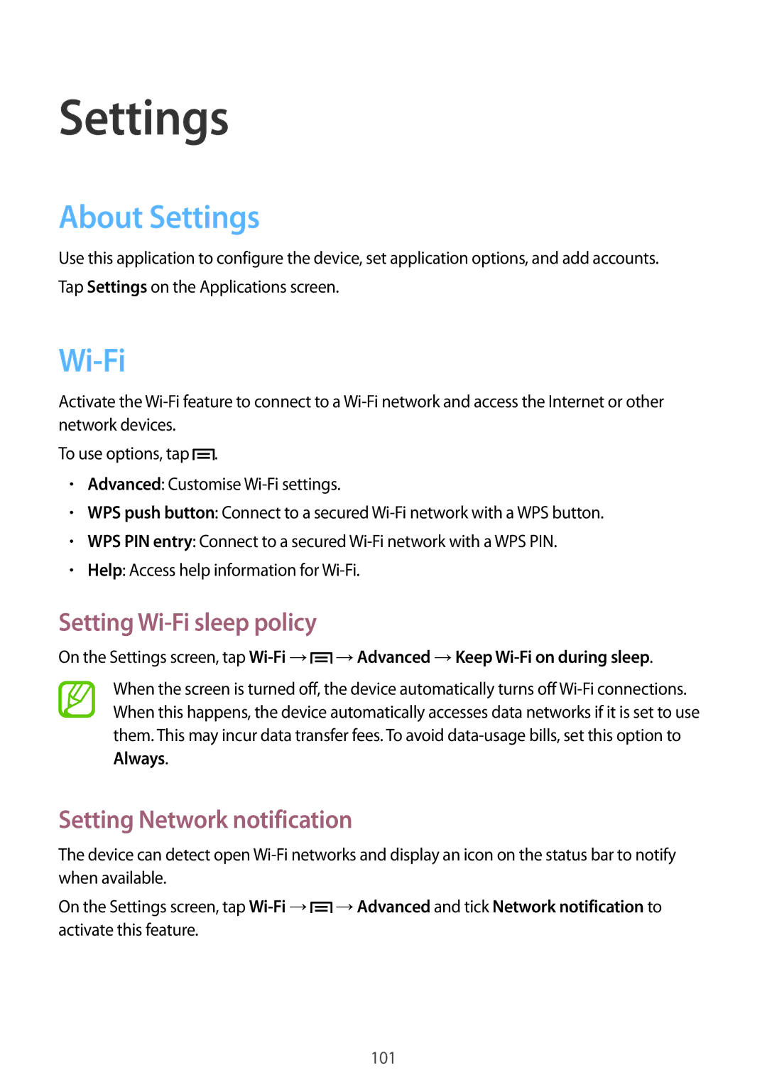 Samsung SM-T3110MKAEUR, SM-T3110ZWAITV About Settings, Setting Wi-Fi sleep policy, Setting Network notification 