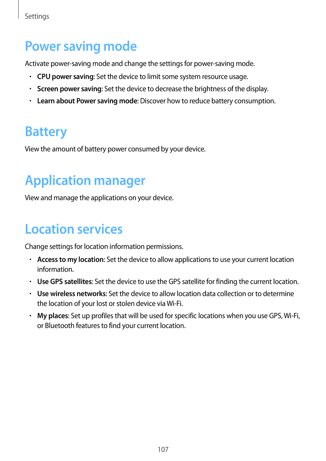 Samsung SM-T3110ZWAXEH, SM-T3110ZWAITV, SM-T3110MKADBT Power saving mode, Battery, Application manager, Location services 