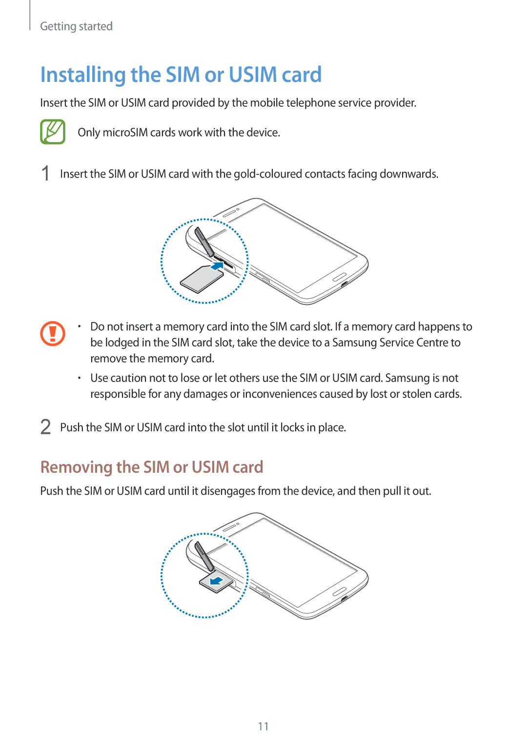 Samsung SM-T3110ZWAXEO, SM-T3110ZWAITV, SM-T3110MKADBT manual Installing the SIM or Usim card, Removing the SIM or Usim card 