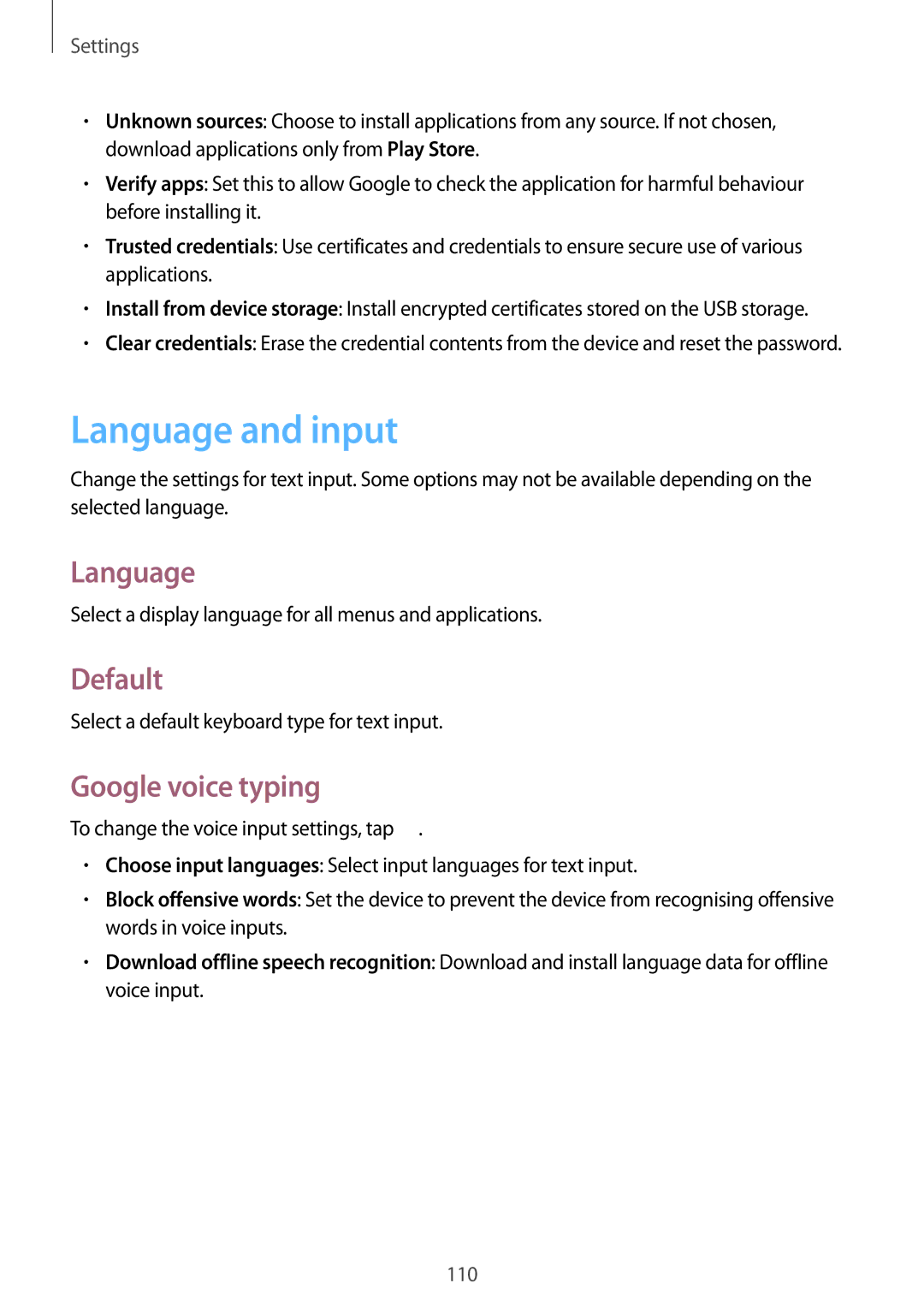 Samsung SM-T3110GNAMGF, SM-T3110ZWAITV, SM-T3110MKADBT, SM-T3110MKAATO manual Language and input, Default, Google voice typing 