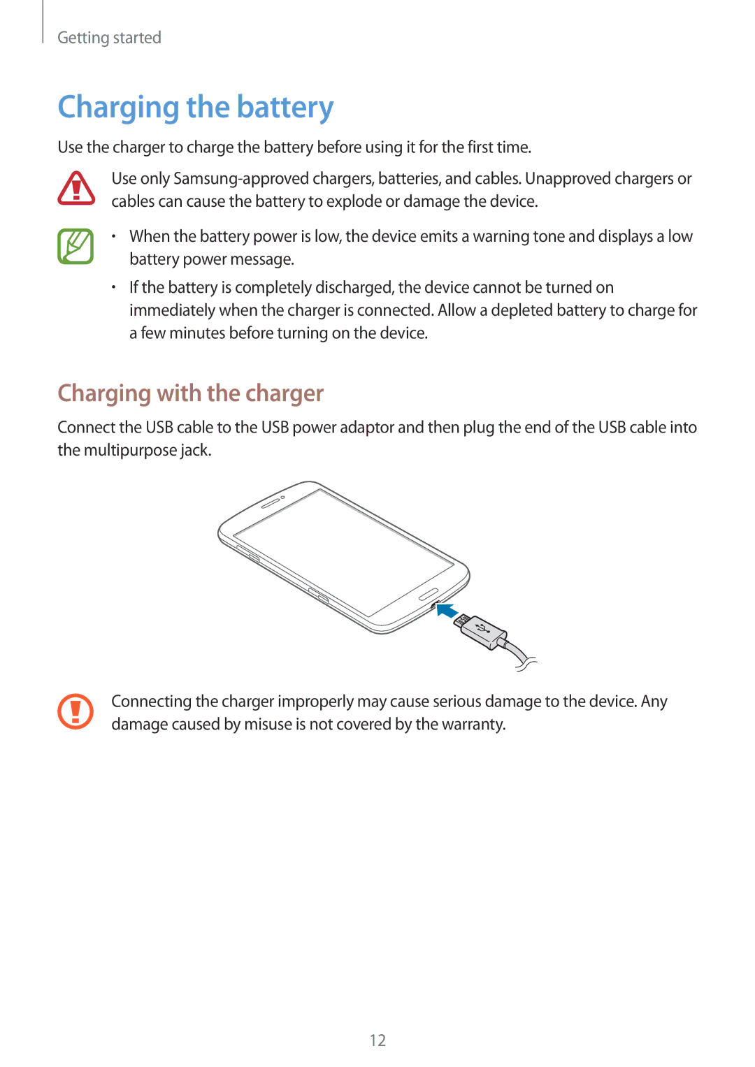 Samsung SM-T3110ZWAXEF, SM-T3110ZWAITV, SM-T3110MKADBT, SM-T3110MKAATO manual Charging the battery, Charging with the charger 