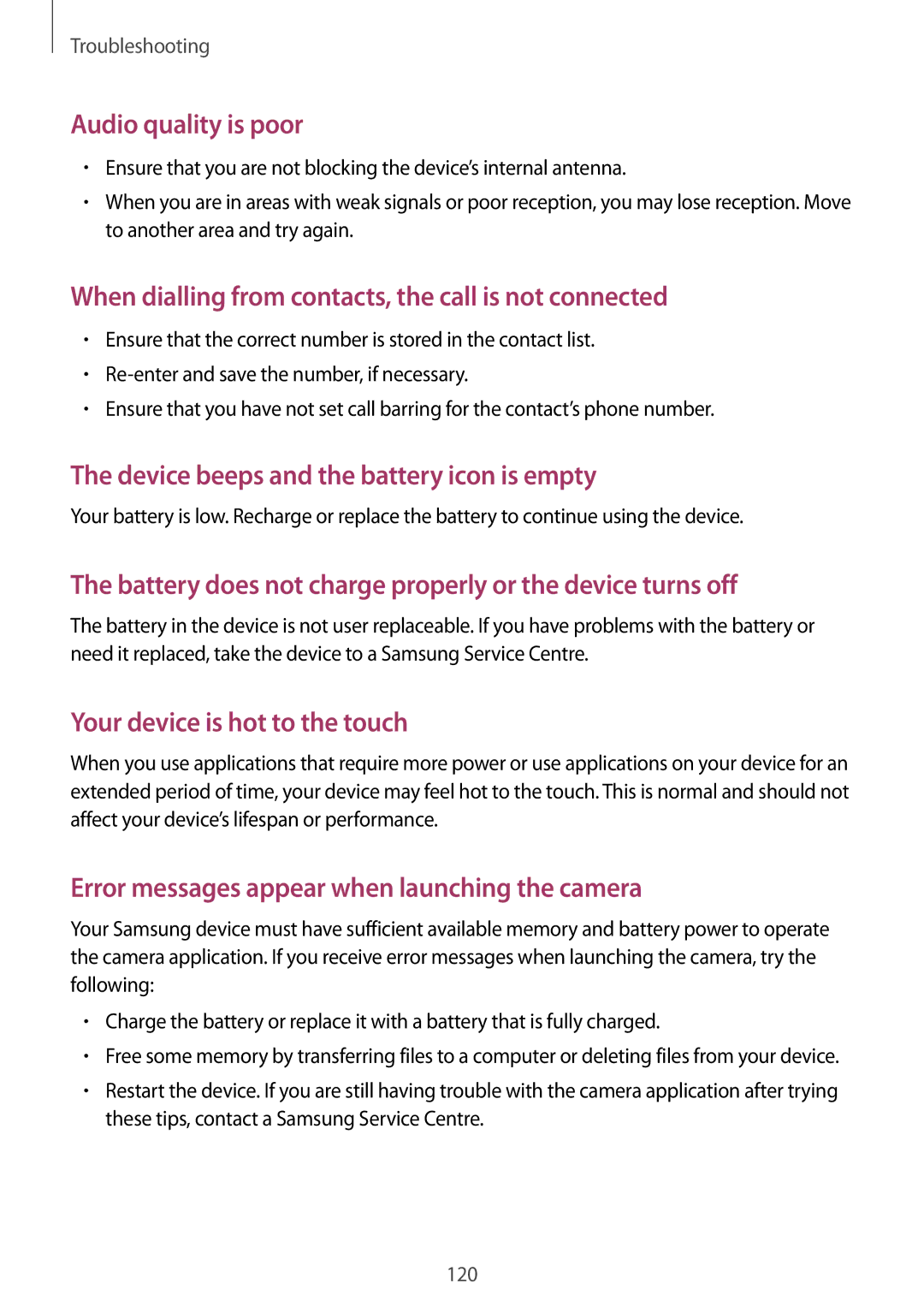 Samsung SM-T3110MKAATO, SM-T3110ZWAITV, SM-T3110MKADBT, SM-T3110ZWAATO manual Device beeps and the battery icon is empty 