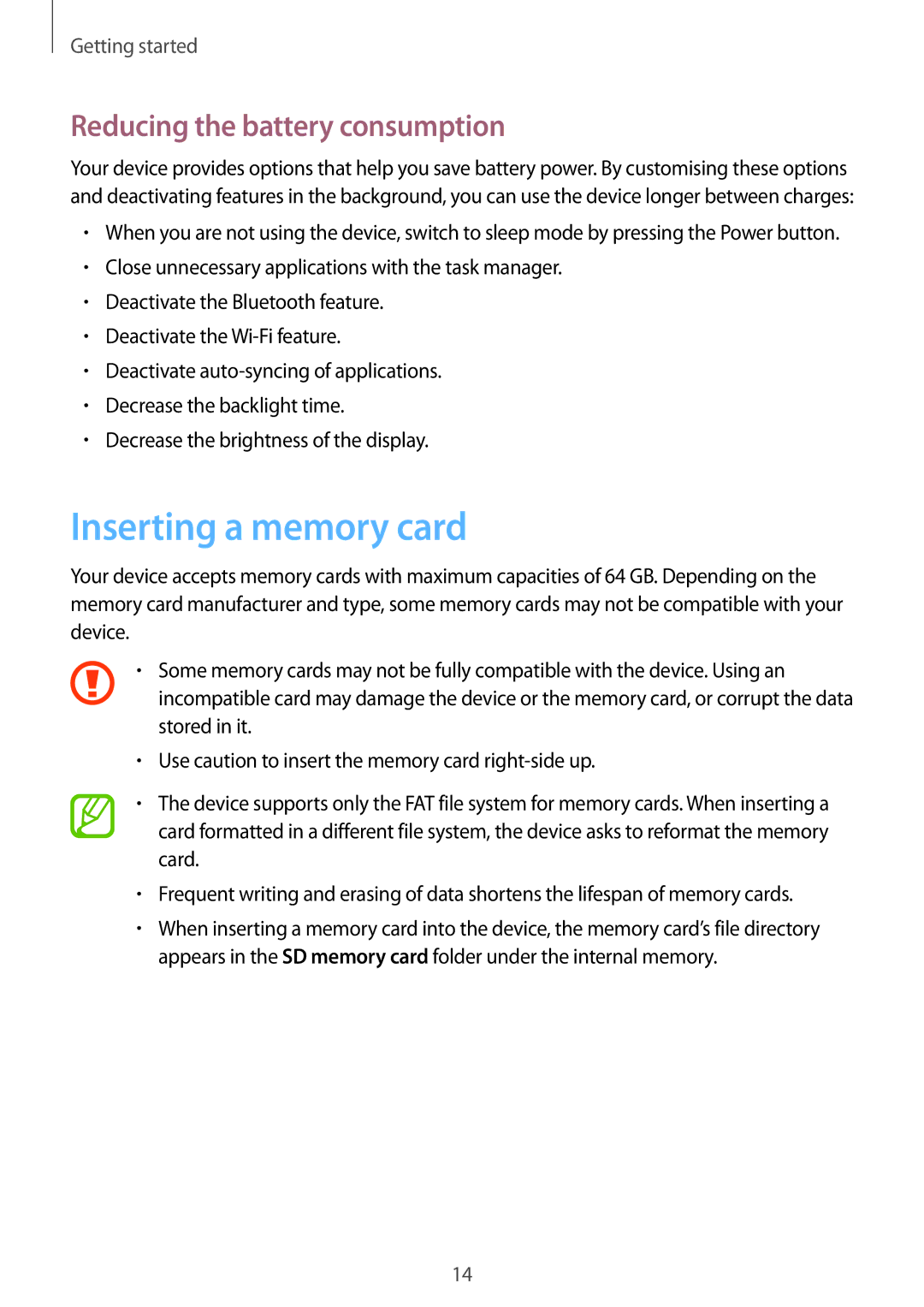 Samsung SM-T3110ZWAWIN, SM-T3110ZWAITV, SM-T3110MKADBT manual Inserting a memory card, Reducing the battery consumption 