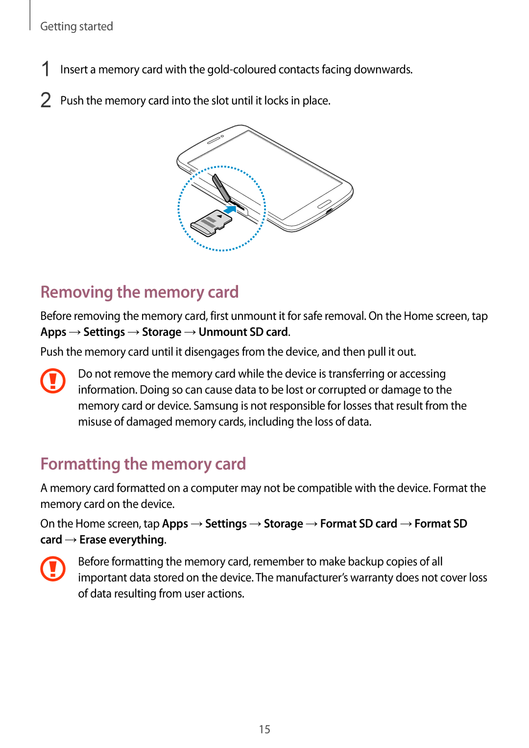 Samsung SM-T3110ZWAHUI, SM-T3110ZWAITV, SM-T3110MKADBT, SM-T3110MKAATO Removing the memory card, Formatting the memory card 