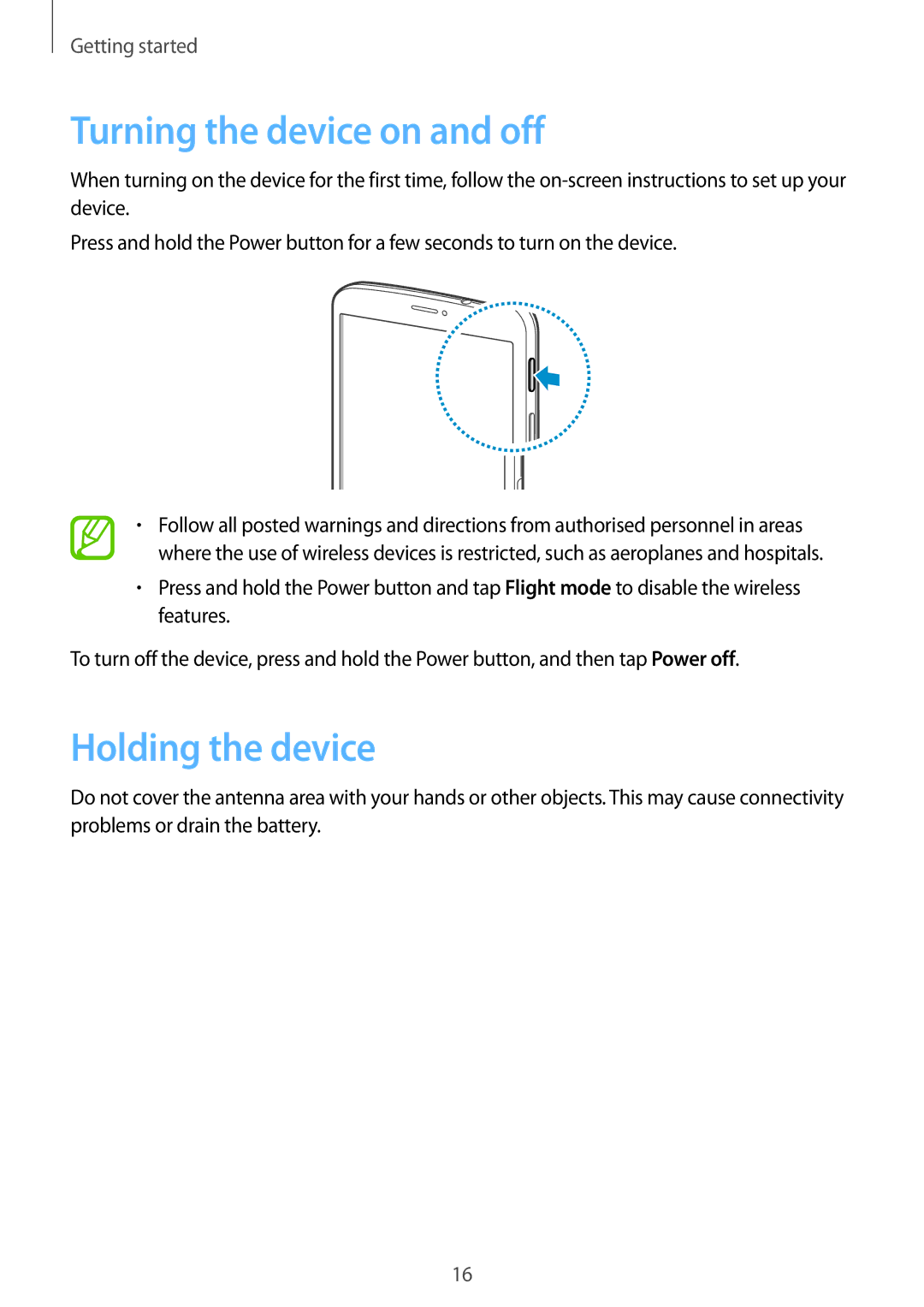 Samsung SM-T3110ZWAPHE, SM-T3110ZWAITV, SM-T3110MKADBT, SM-T3110MKAATO Turning the device on and off, Holding the device 