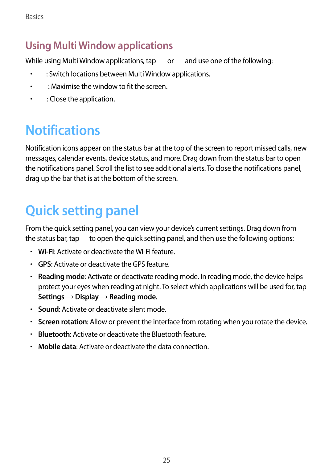 Samsung SM-T3110MKATHR, SM-T3110ZWAITV, SM-T3110MKADBT Notifications, Quick setting panel, Using Multi Window applications 