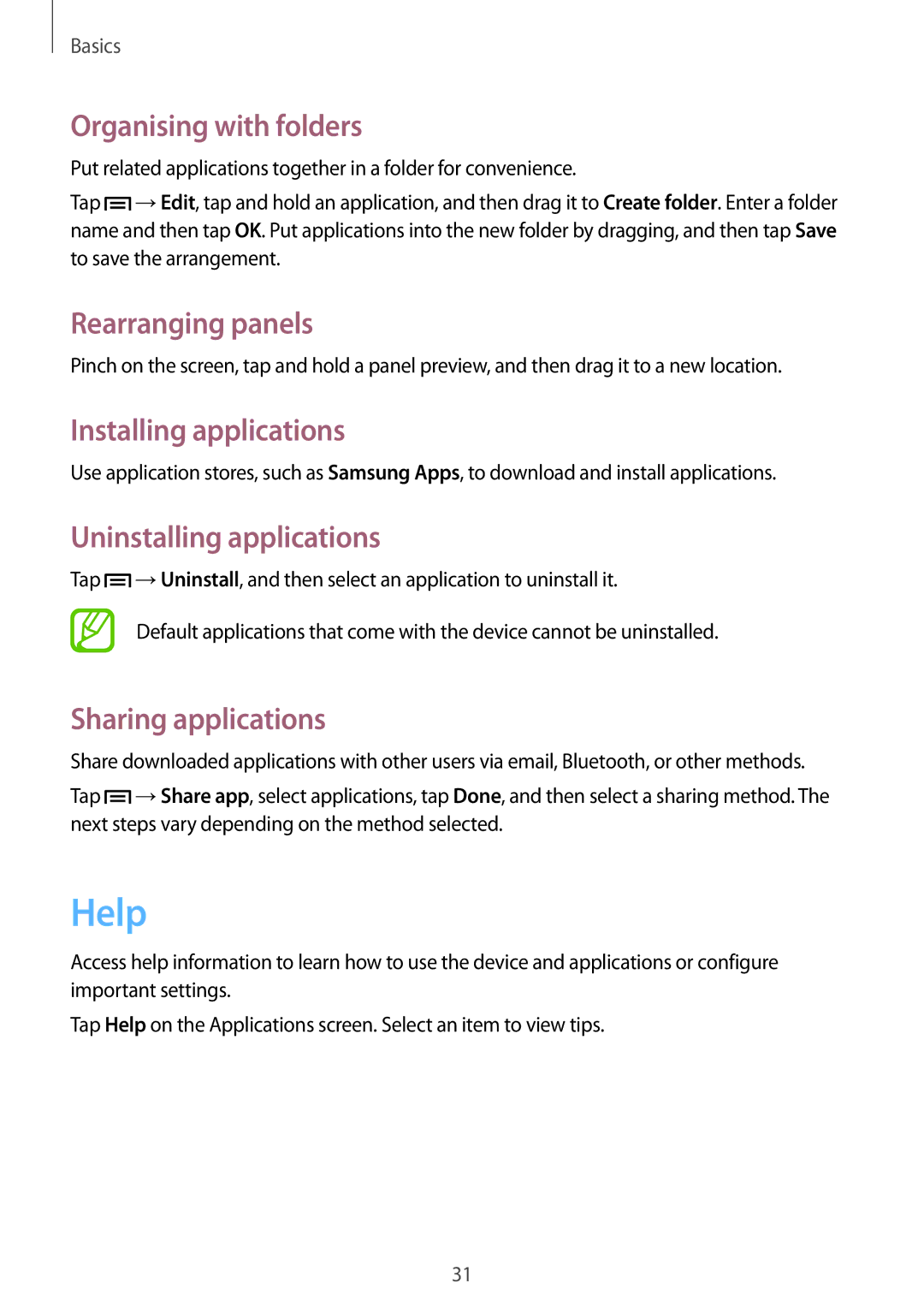 Samsung SM-T3110GNABGL, SM-T3110ZWAITV Help, Organising with folders, Installing applications, Uninstalling applications 