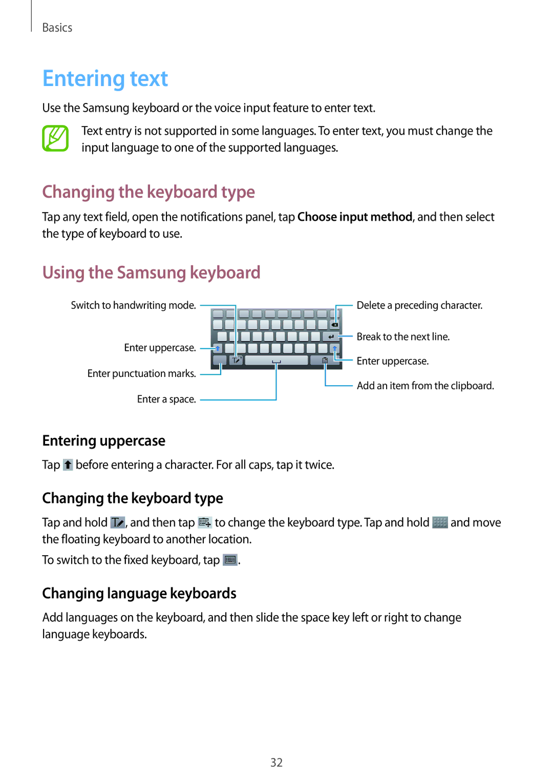 Samsung SM-T3110ZWABGL, SM-T3110ZWAITV manual Entering text, Changing the keyboard type, Using the Samsung keyboard 