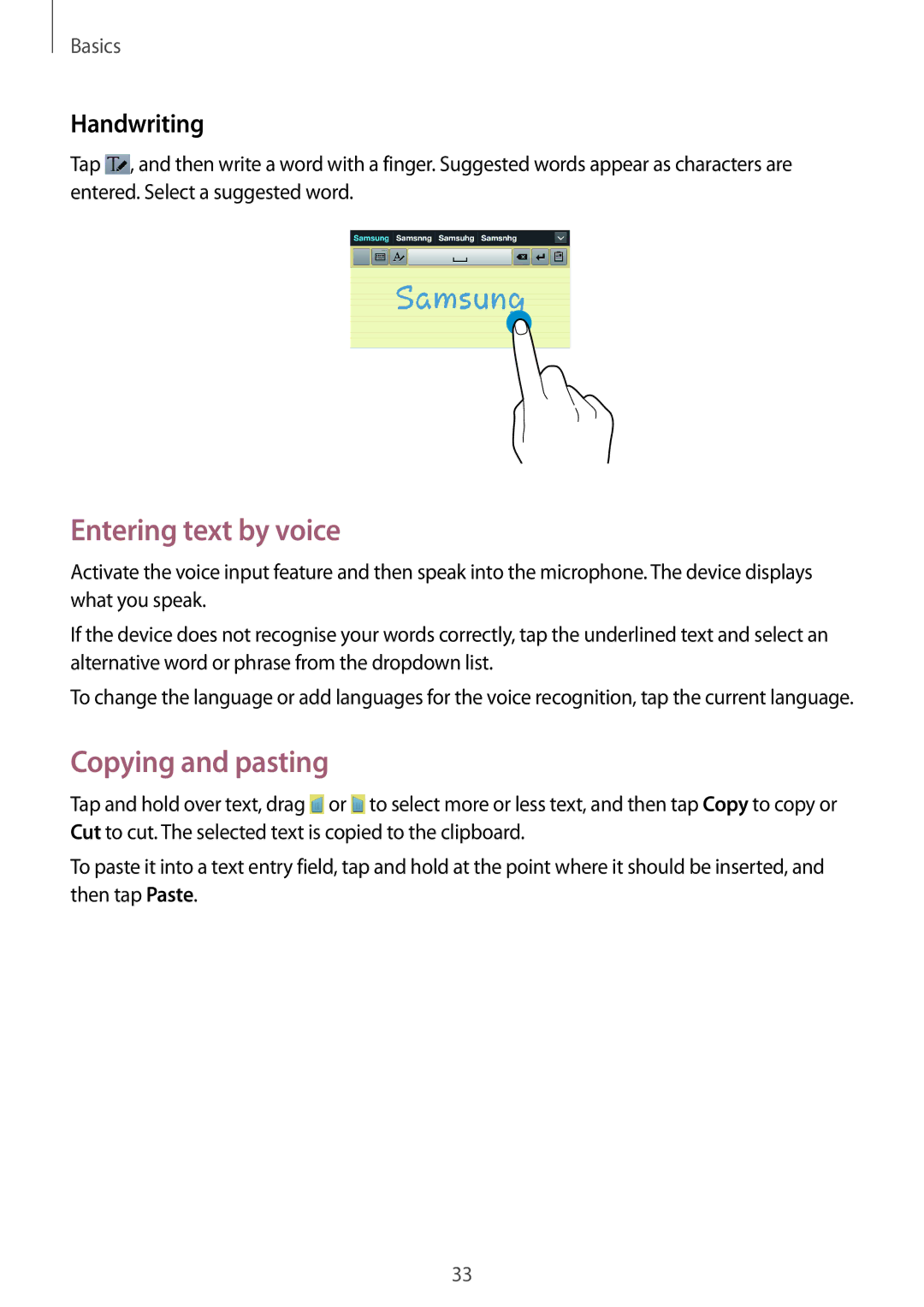 Samsung SM-T3110ZWASEE, SM-T3110ZWAITV, SM-T3110MKADBT manual Entering text by voice, Copying and pasting, Handwriting 