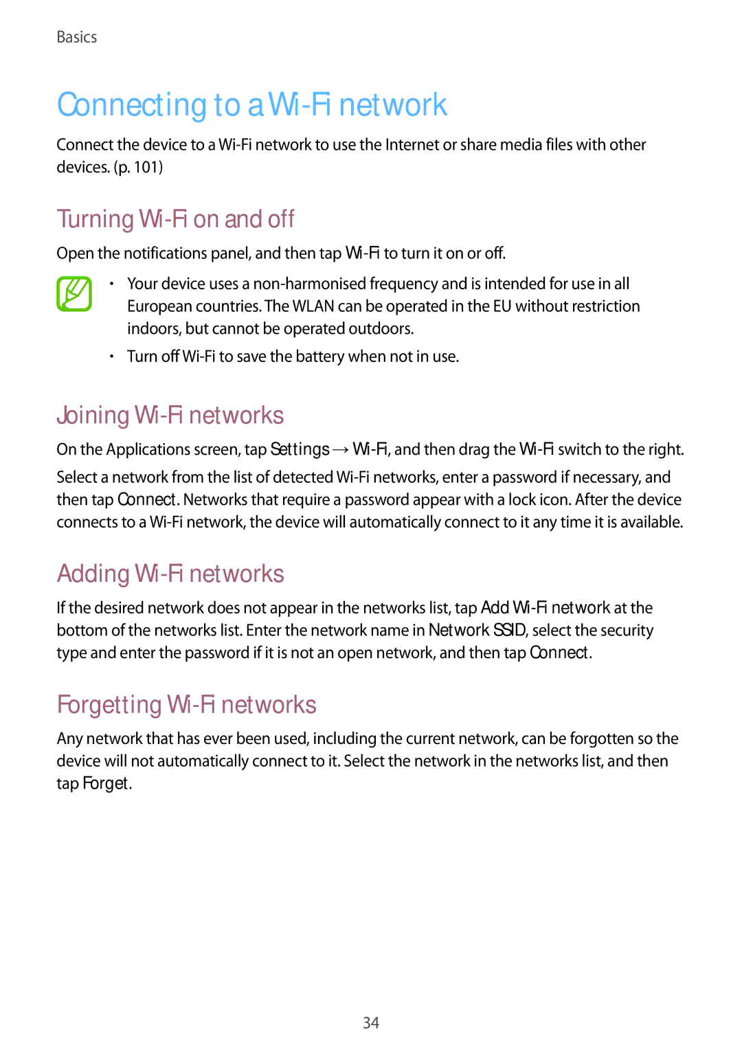 Samsung SM-T3110GNAROM, SM-T3110ZWAITV Connecting to a Wi-Fi network, Turning Wi-Fi on and off, Joining Wi-Fi networks 