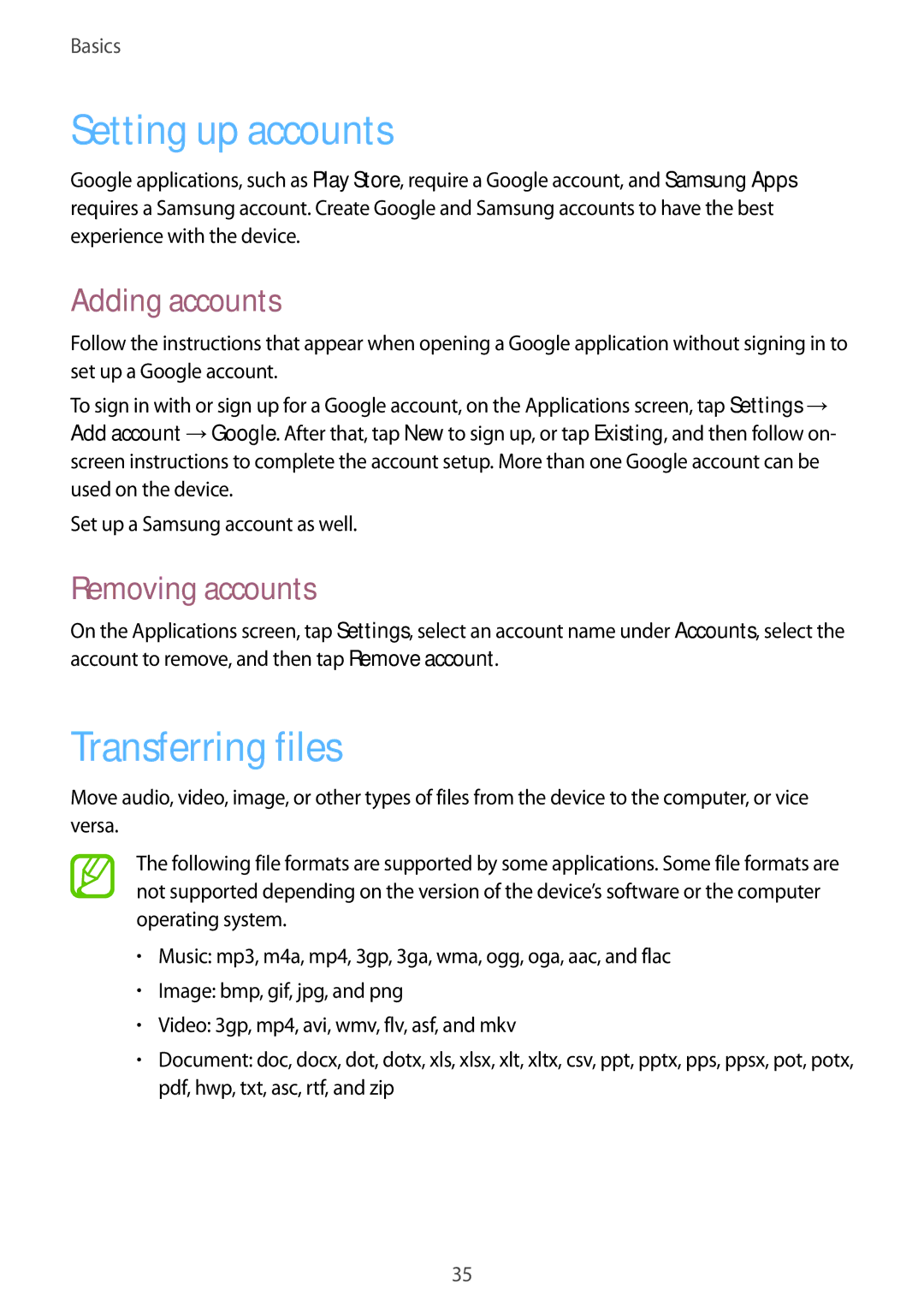 Samsung SM-T3110ZWAXEZ, SM-T3110ZWAITV manual Setting up accounts, Transferring files, Adding accounts, Removing accounts 