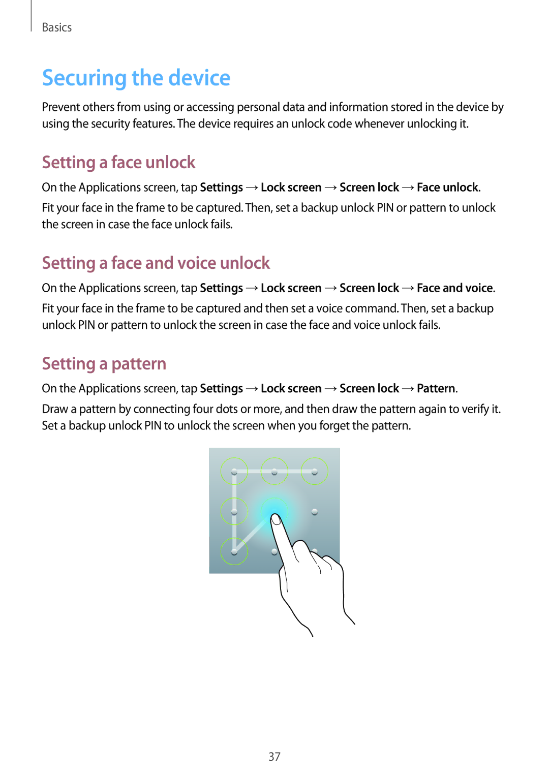 Samsung SM-T3110MKAXSK Securing the device, Setting a face unlock, Setting a face and voice unlock, Setting a pattern 