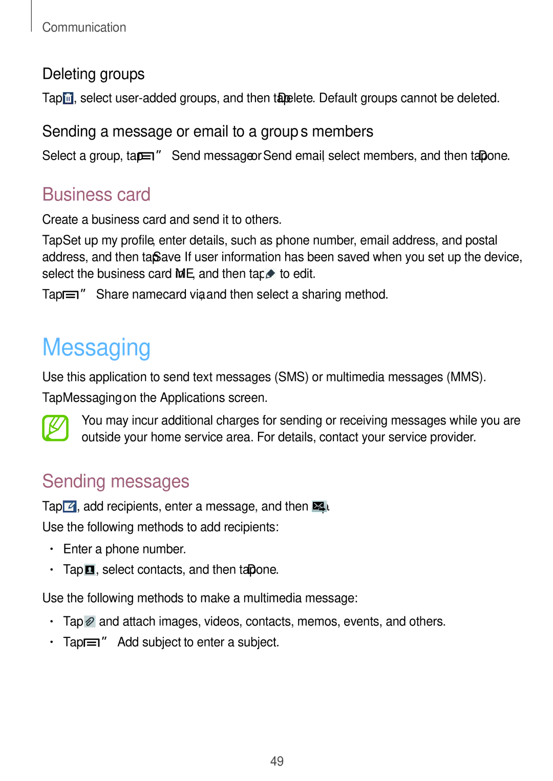 Samsung SM-T3110GNASER, SM-T3110ZWAITV, SM-T3110MKADBT manual Messaging, Business card, Sending messages, Deleting groups 