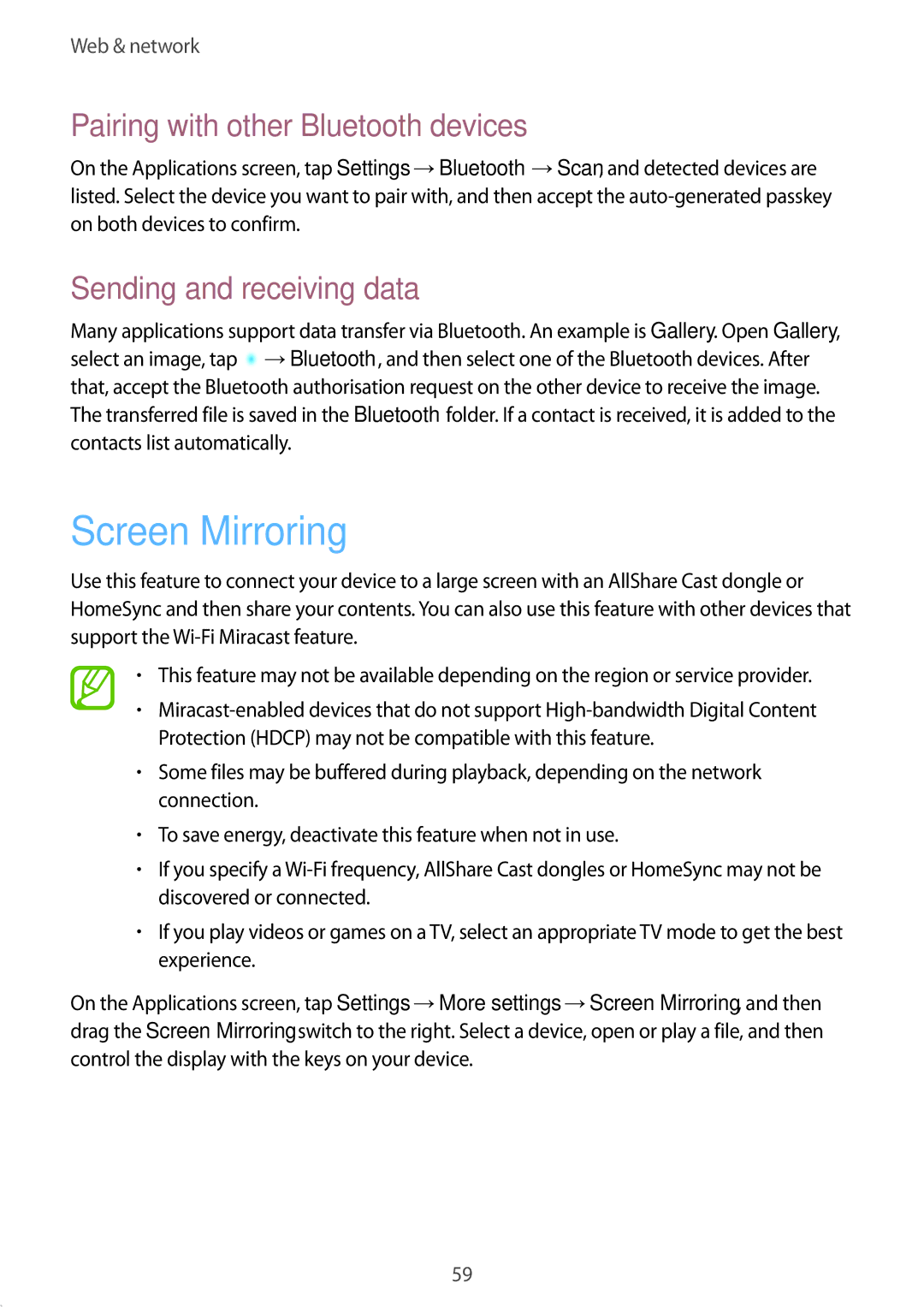 Samsung SM-T3110ZWAITV, SM-T3110MKADBT Screen Mirroring, Pairing with other Bluetooth devices, Sending and receiving data 