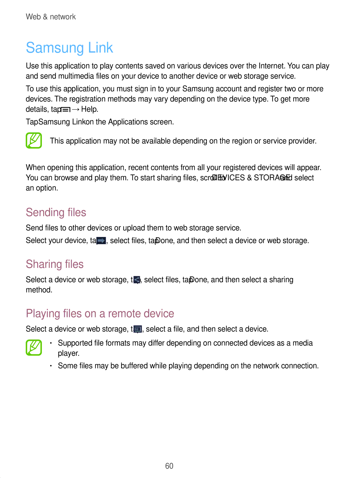 Samsung SM-T3110MKADBT, SM-T3110ZWAITV manual Samsung Link, Sending files, Sharing files, Playing files on a remote device 