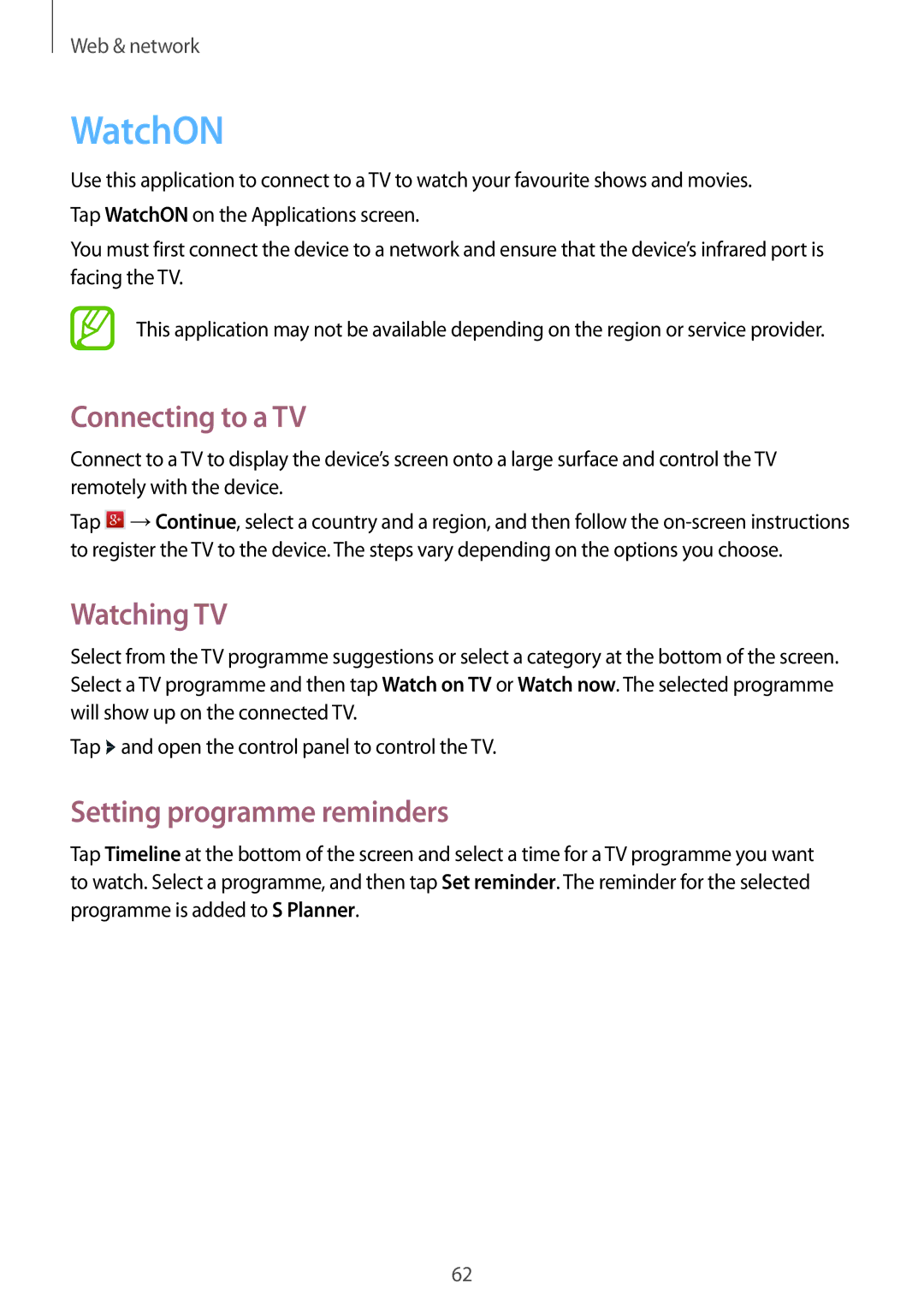 Samsung SM-T3110ZWAATO, SM-T3110ZWAITV manual WatchON, Connecting to a TV, Watching TV, Setting programme reminders 