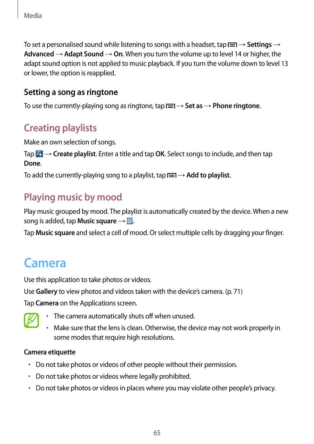 Samsung SM-T3110GNAATO manual Creating playlists, Playing music by mood, Setting a song as ringtone, Camera etiquette 