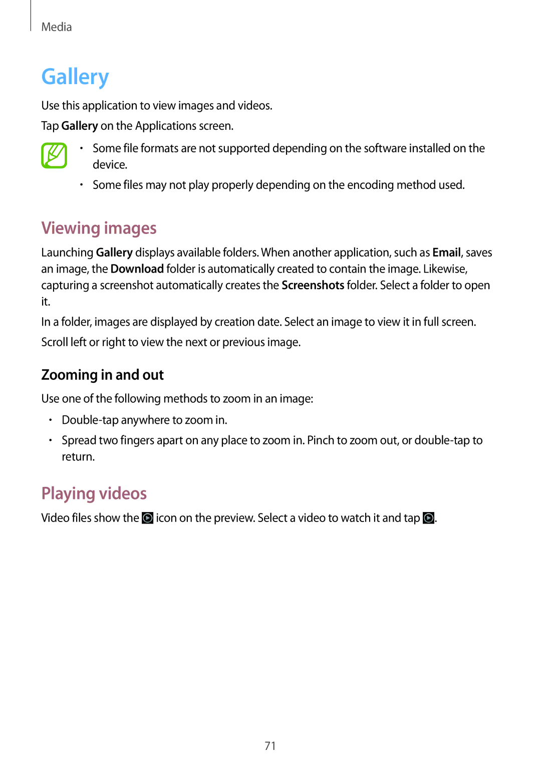 Samsung SM-T3110ZWAXEF, SM-T3110ZWAITV, SM-T3110MKADBT manual Gallery, Viewing images, Playing videos, Zooming in and out 