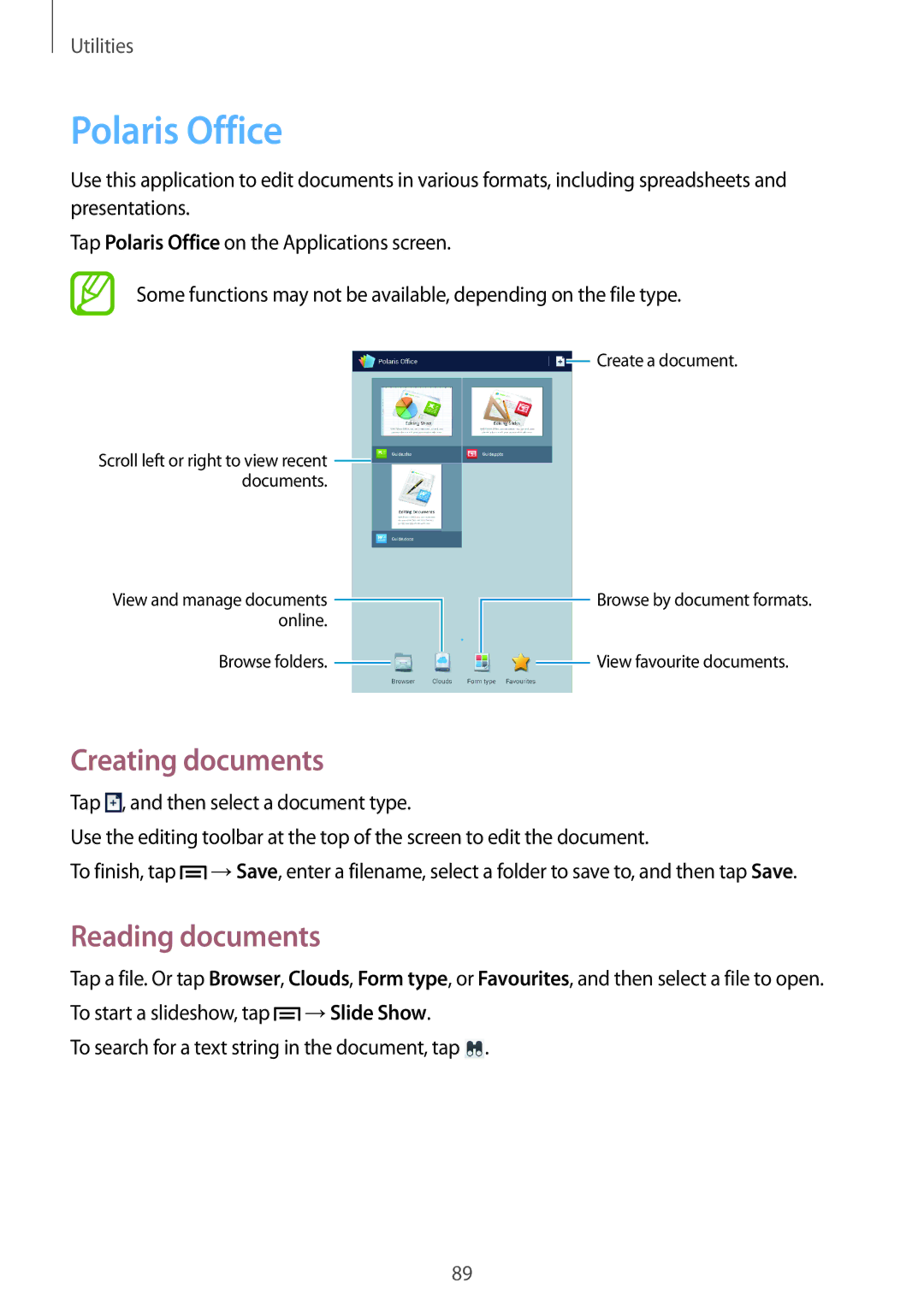 Samsung SM-T3110GNAGBL, SM-T3110ZWAITV, SM-T3110MKADBT, SM-T3110MKAATO Polaris Office, Creating documents, Reading documents 
