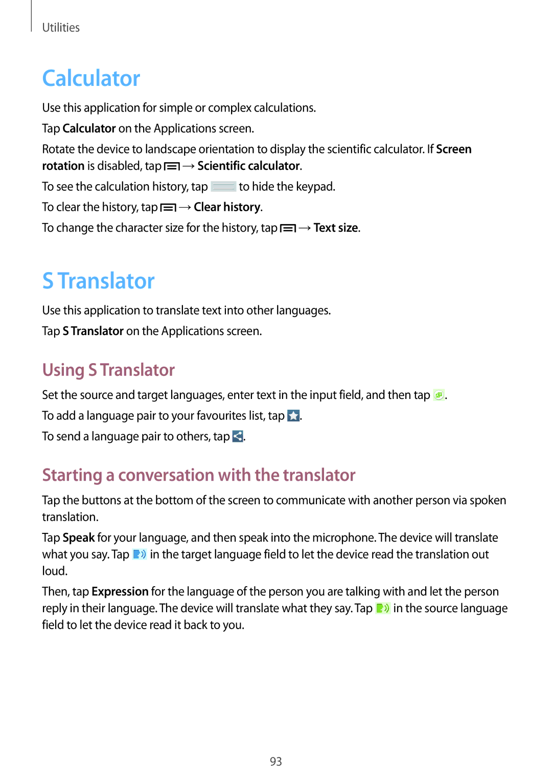 Samsung SM-T3110GNAROM, SM-T3110ZWAITV Calculator, Using S Translator, Starting a conversation with the translator 