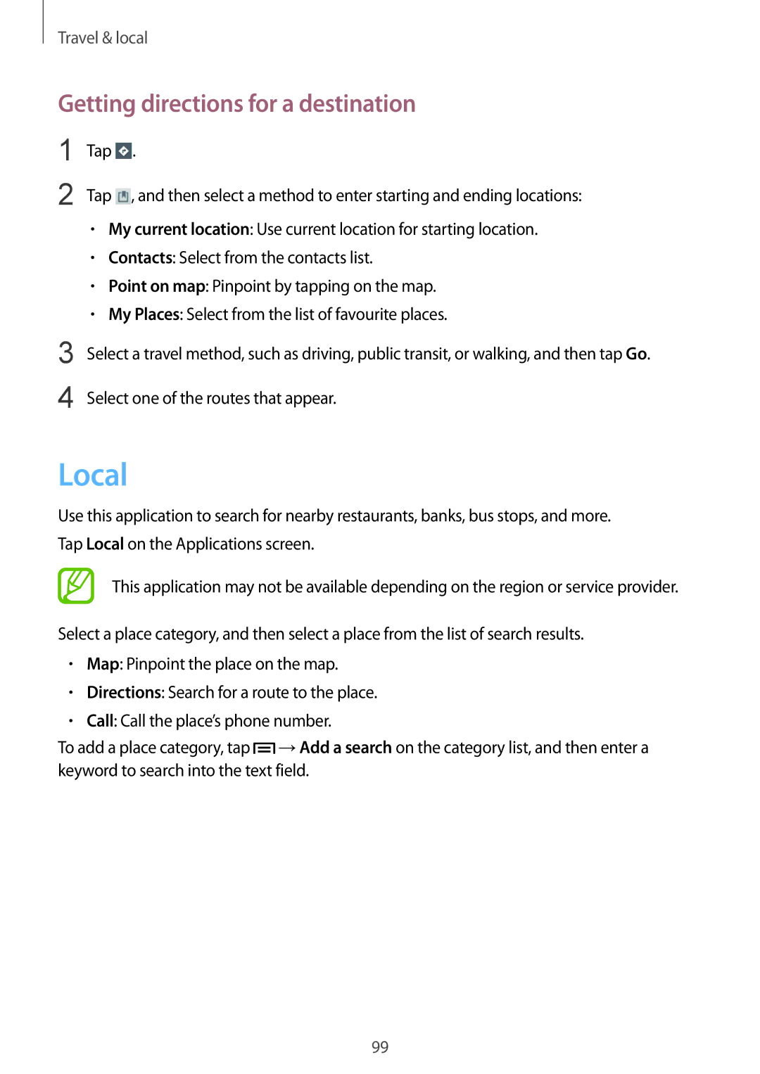 Samsung SM-T3110ZWACYO, SM-T3110ZWAITV, SM-T3110MKADBT, SM-T3110MKAATO manual Local, Getting directions for a destination 