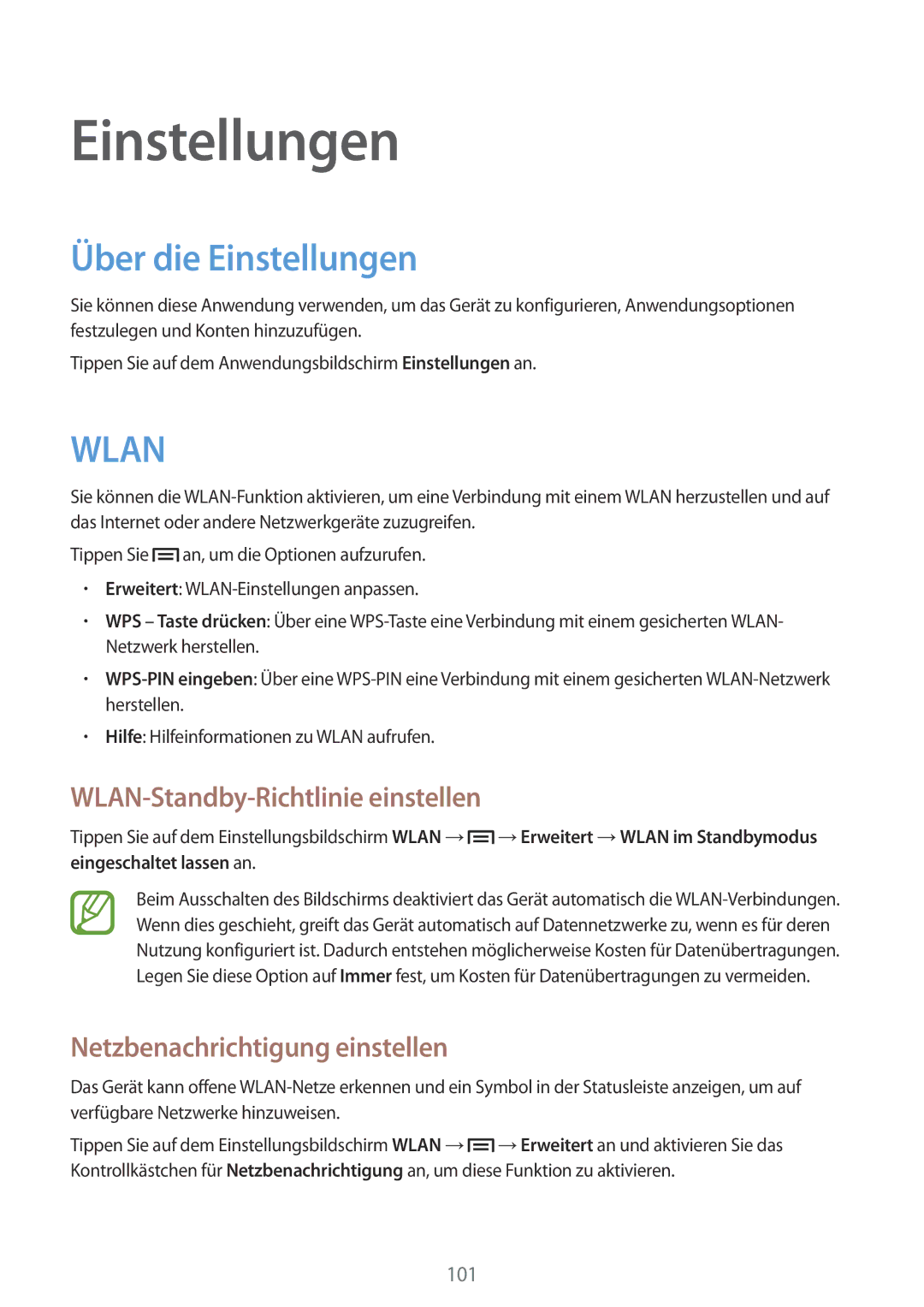 Samsung SM-T3110ZWEATO Über die Einstellungen, WLAN-Standby-Richtlinie einstellen, Netzbenachrichtigung einstellen 