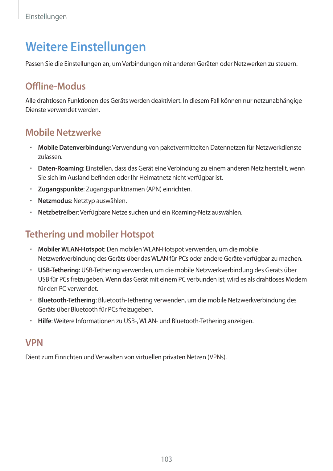 Samsung SM-T3110GNAEUR manual Weitere Einstellungen, Offline-Modus, Mobile Netzwerke, Tethering und mobiler Hotspot 